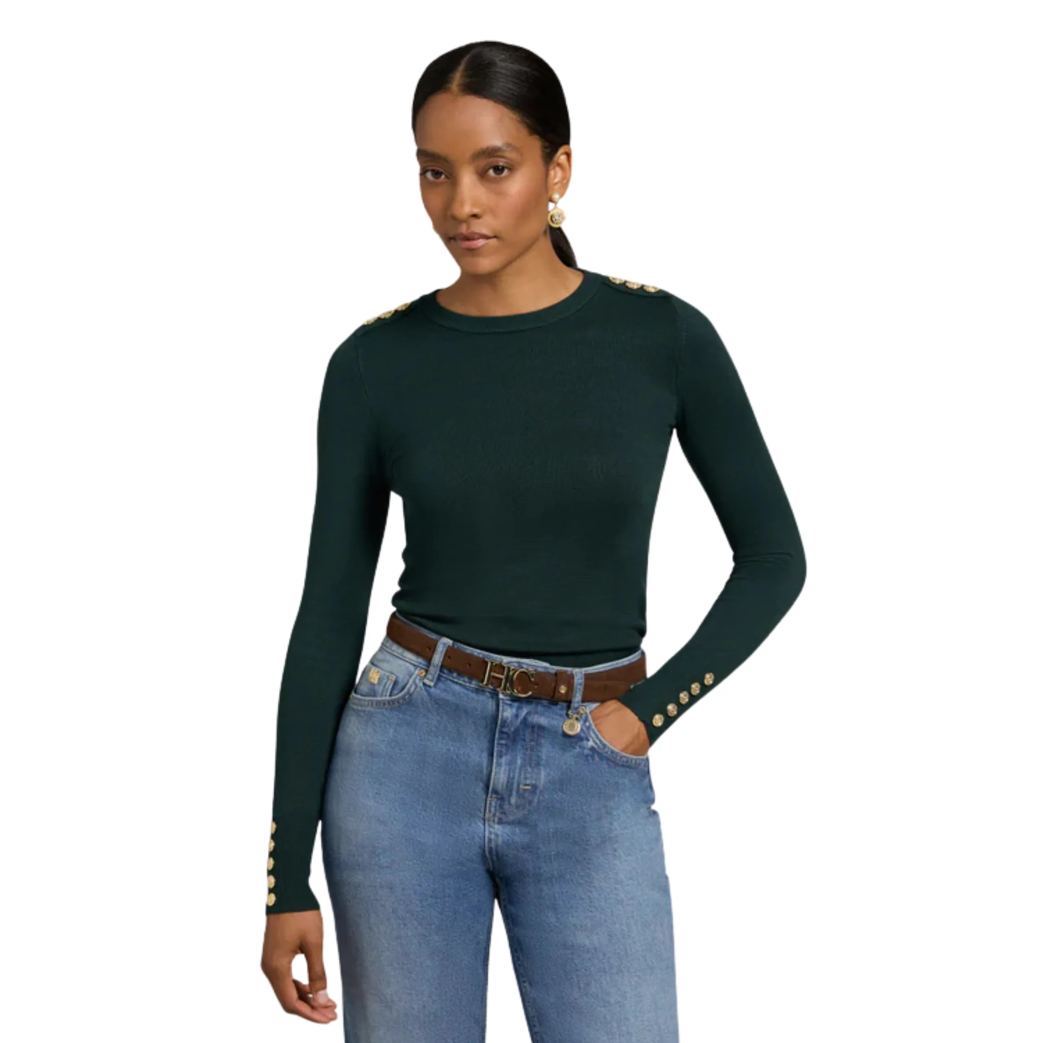 Womens Holland Cooper Deep Emerald Buttoned Crew Neck Knit - Image 4
