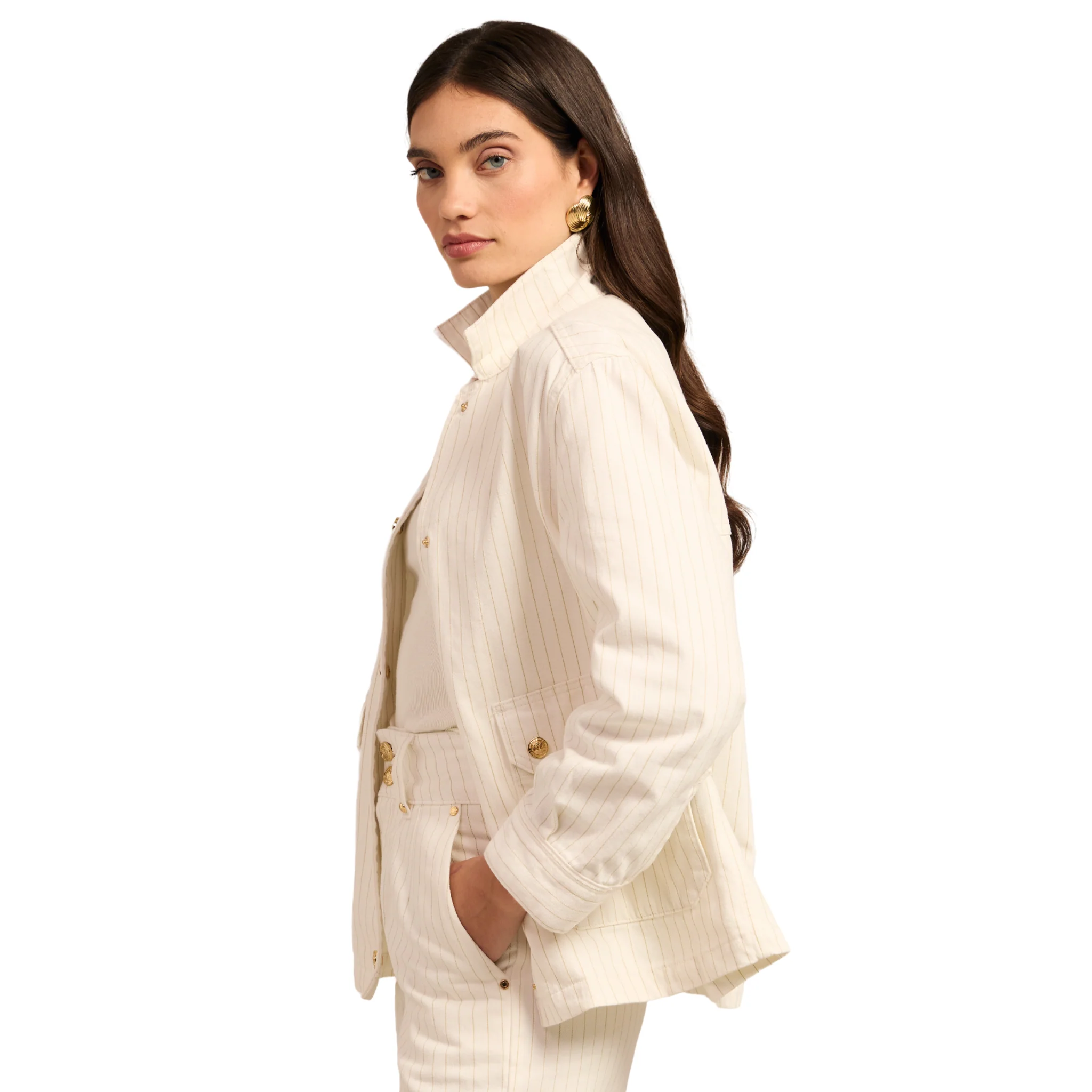 Womens Holland Cooper Ecru Stripe Denim Chore Jacket - Image 8