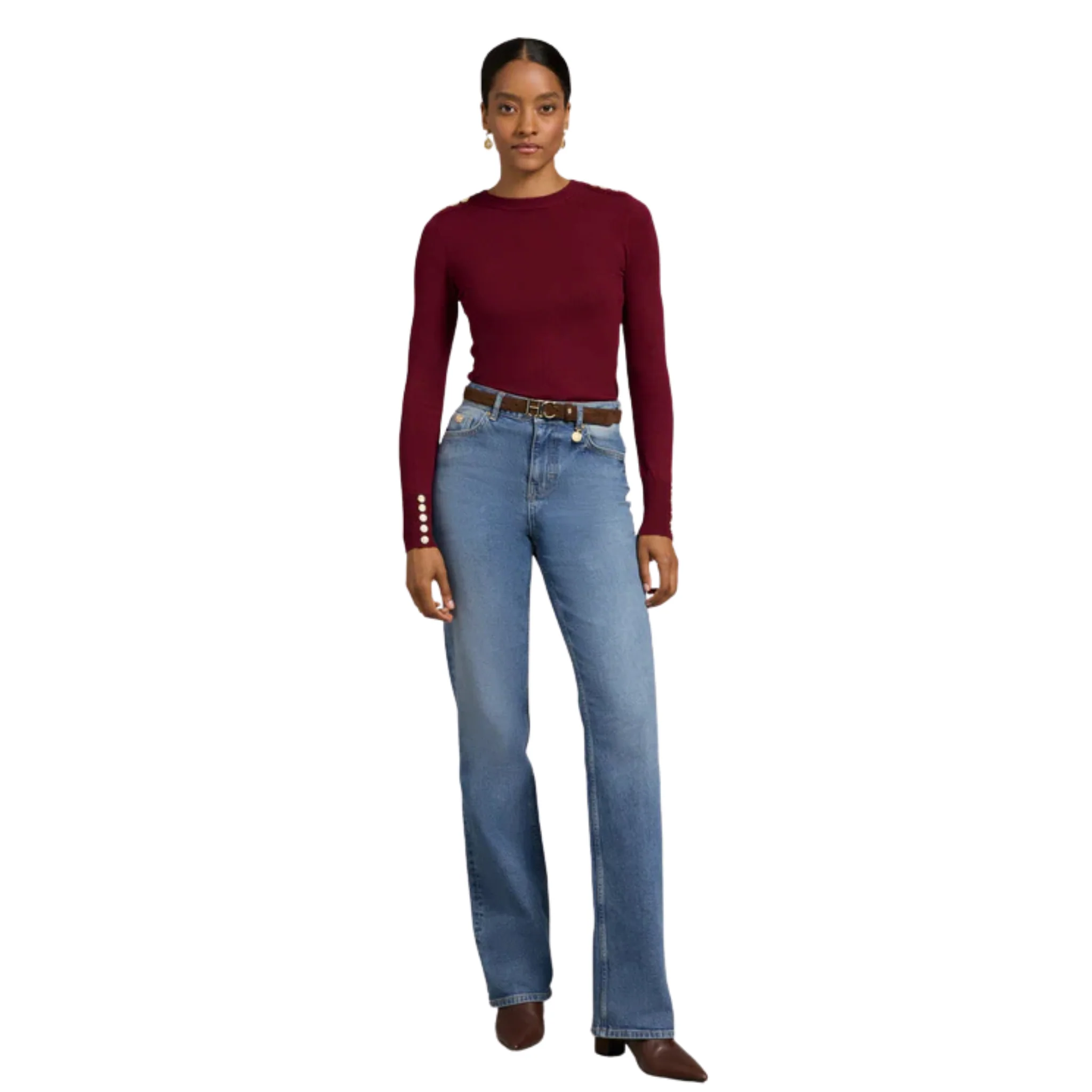 Womens Holland Cooper Wine Buttoned Crew Neck Knit - Image 3
