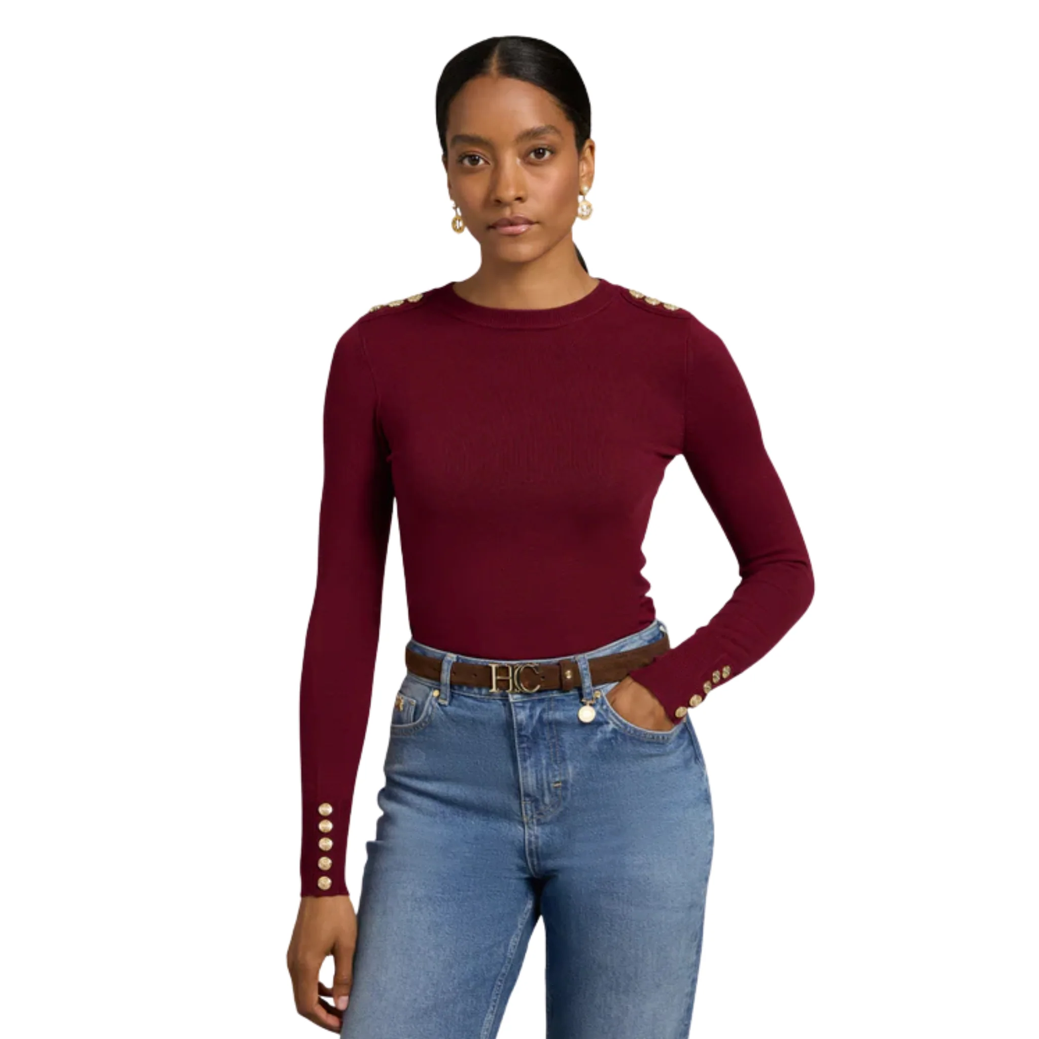 Womens Holland Cooper Wine Buttoned Crew Neck Knit - Image 4