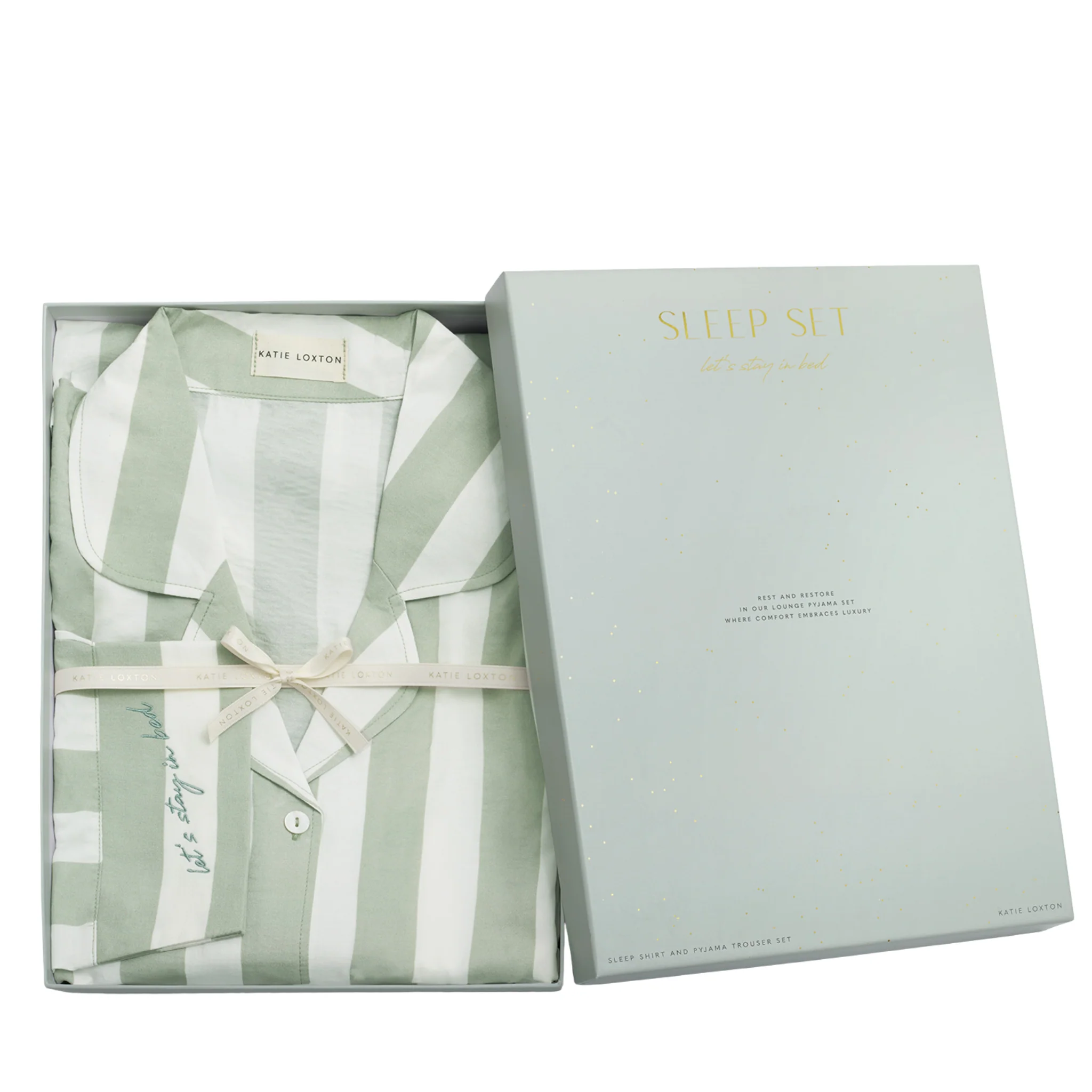 Womens Katie Loxton Green Mist/Off White/Stripe Print Gift Boxed Pyjama Set - Image 2