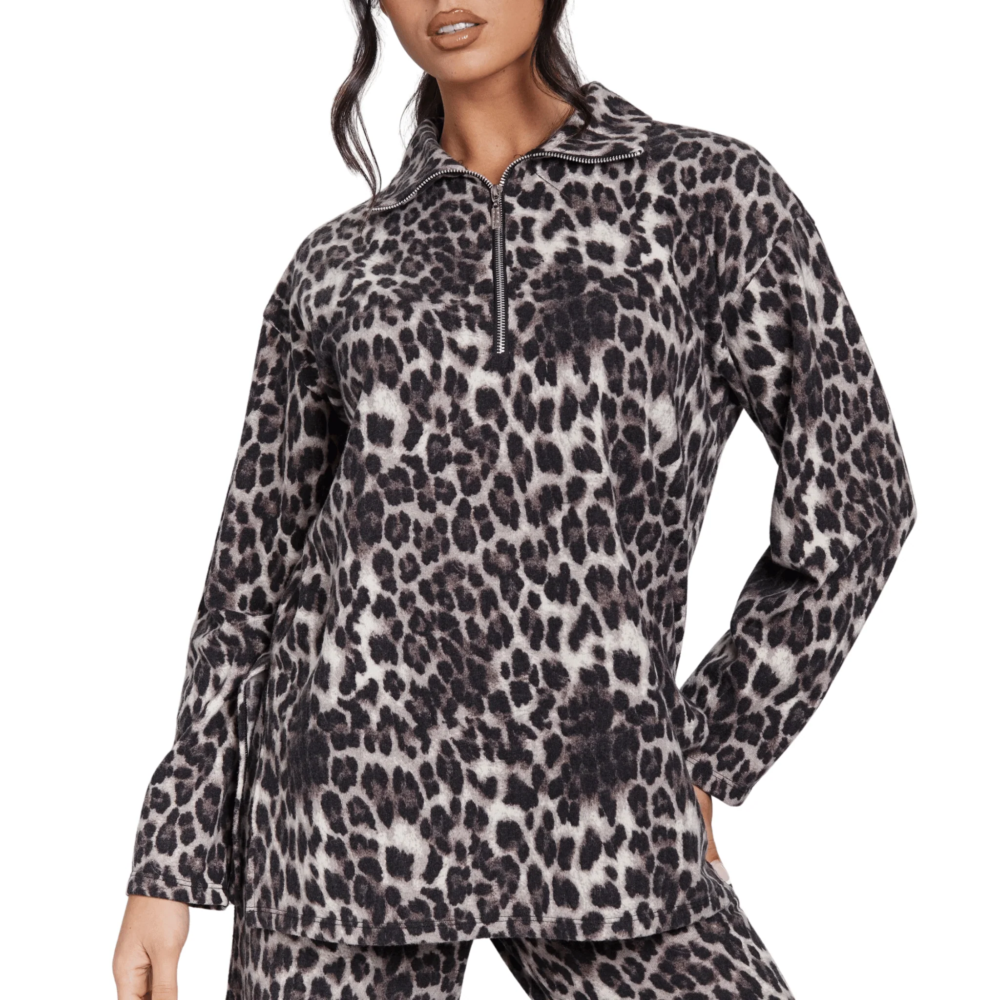 Womens Leopard 1/4 Zip Top & Wide Pant Set - Image 2