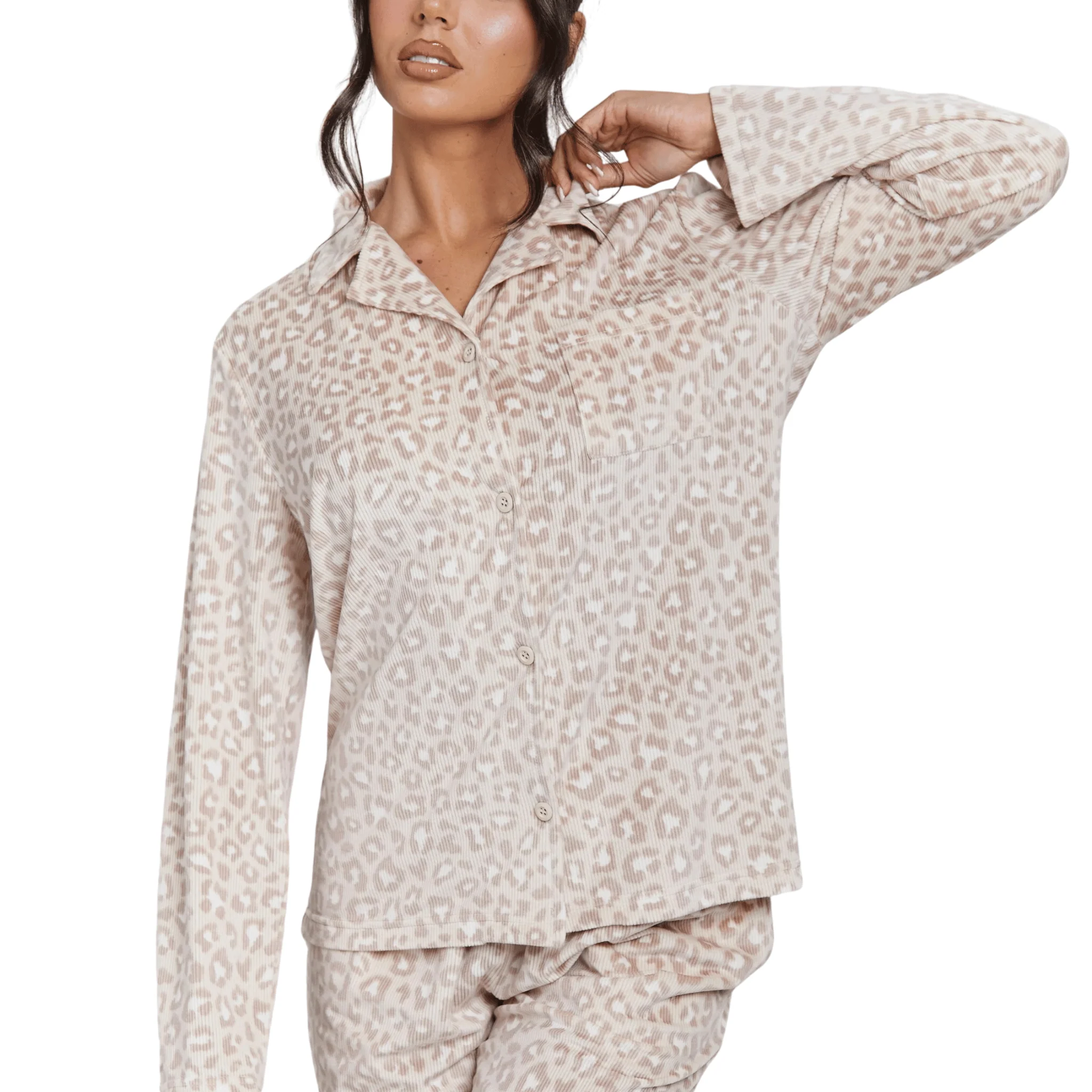 Womens Leopard Ribbed L/s Buttoned Pyjamas - Image 2