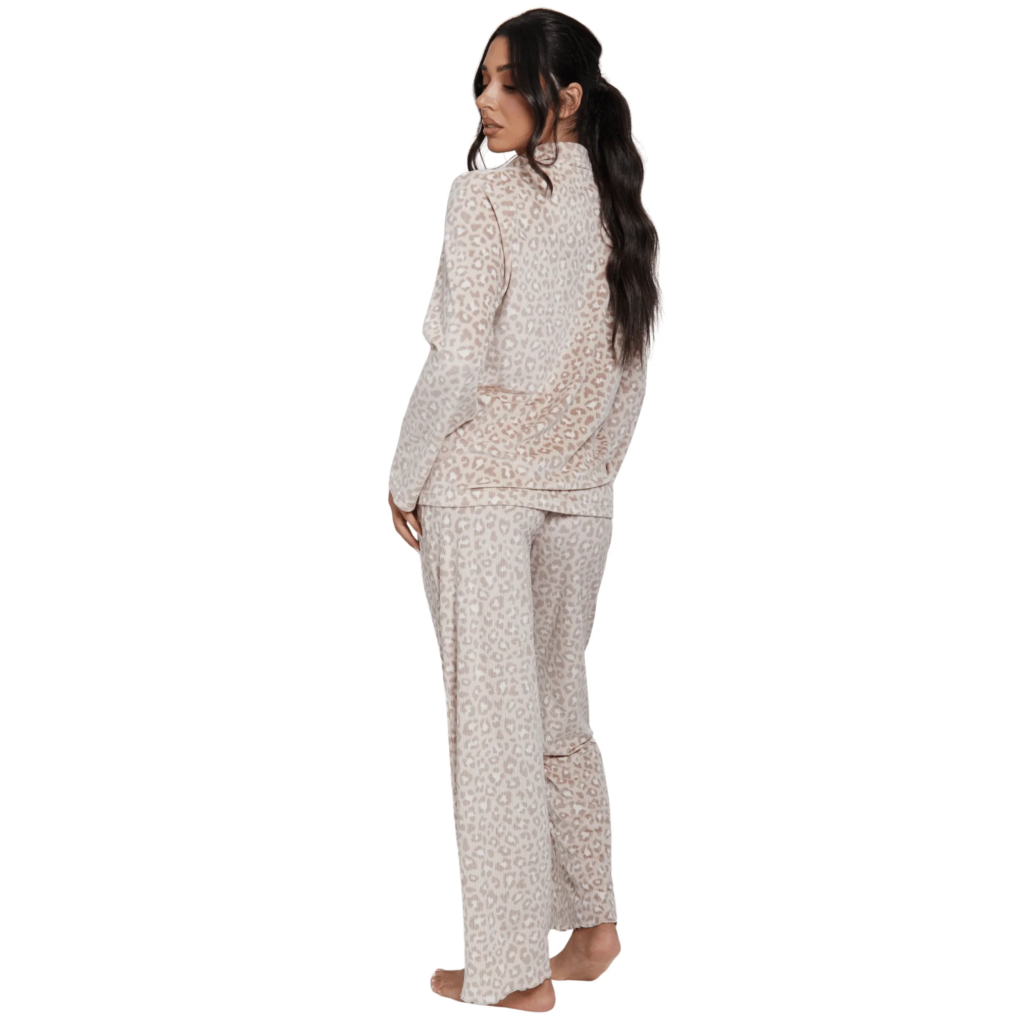 Womens Leopard Ribbed L/s Buttoned Pyjamas - Image 4