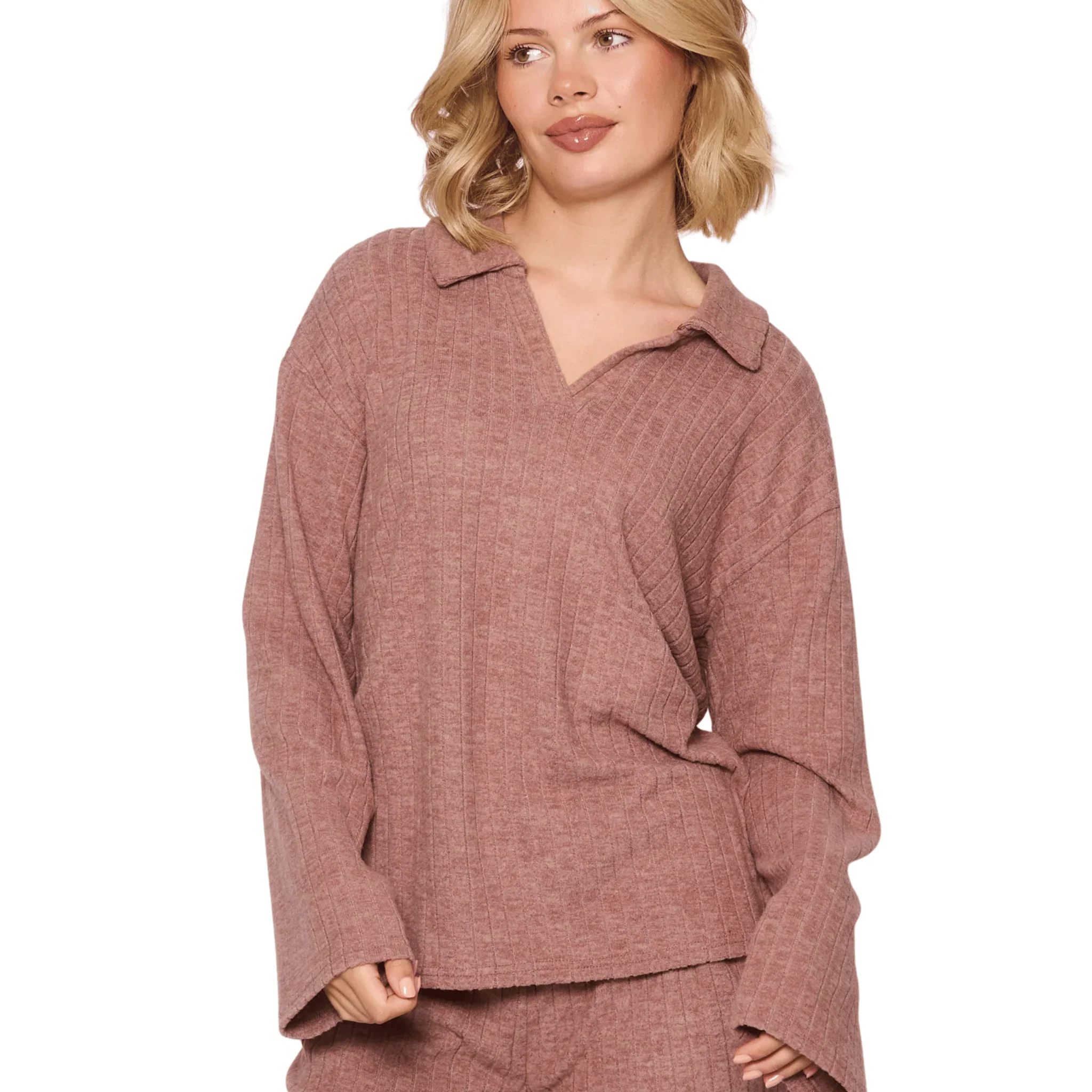 Womens Mocha Collared Top & Fold Over Pant Set - Image 2