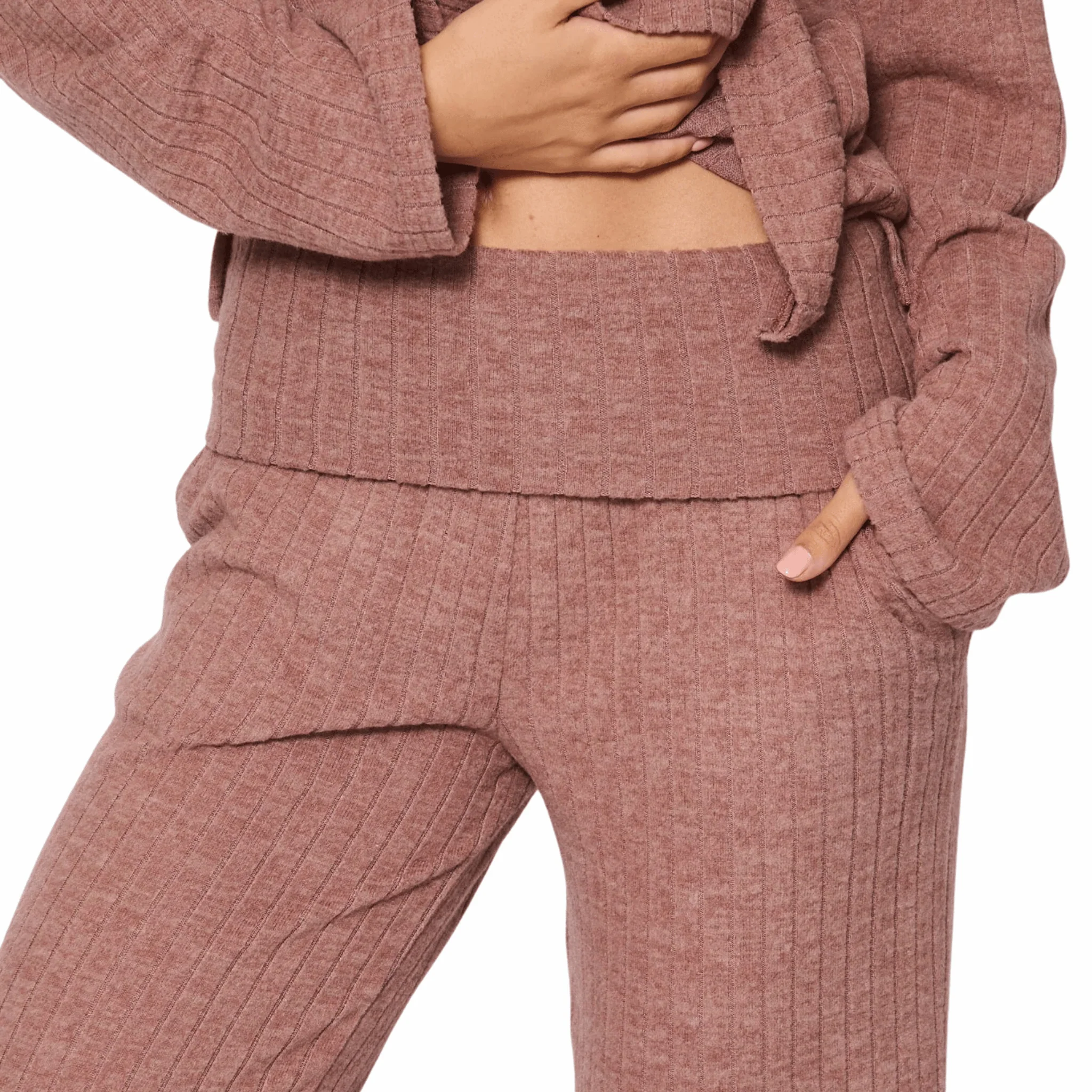 Womens Mocha Collared Top & Fold Over Pant Set - Image 3