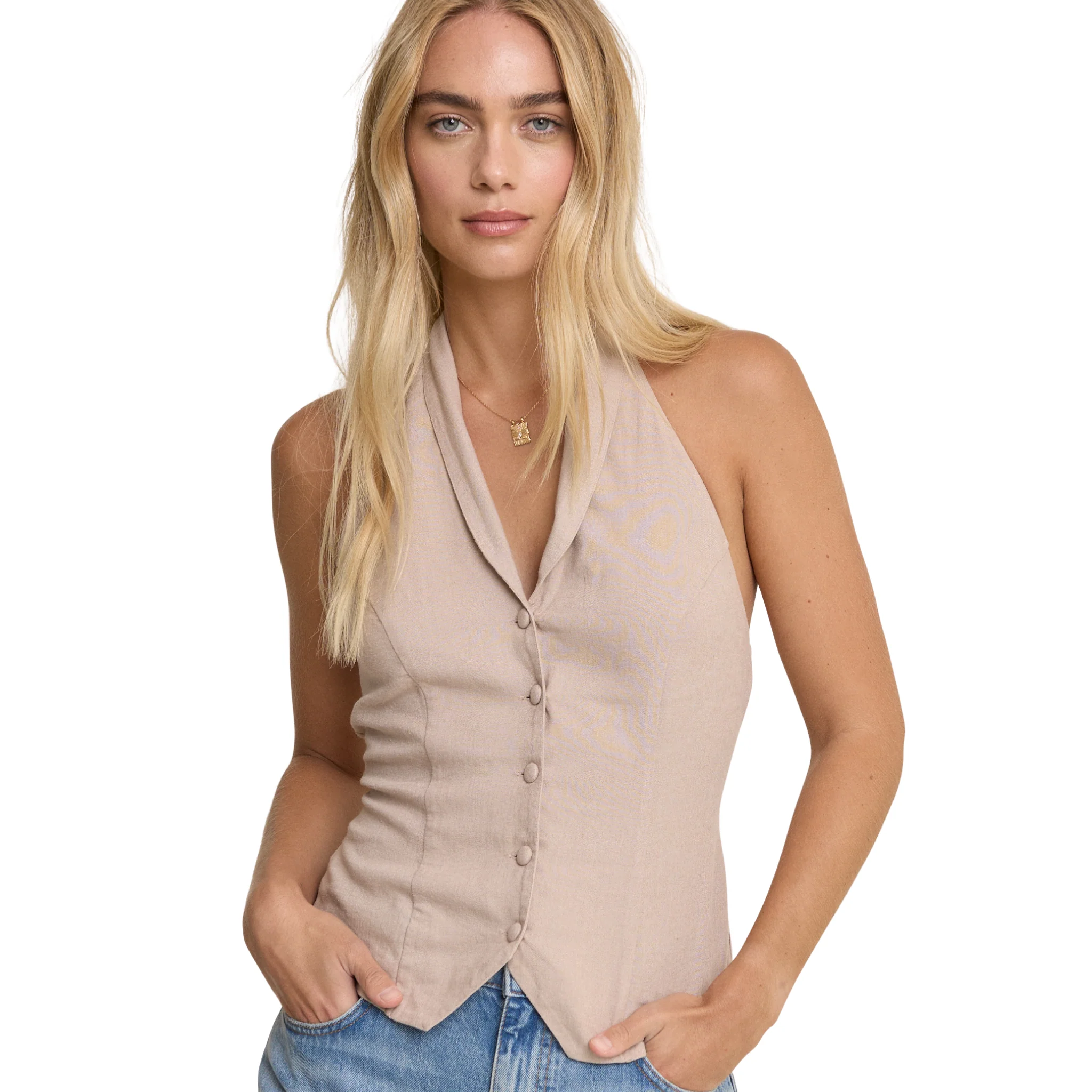 Womens Nobody's Child Beige Moss Halter Waistcoat Top - Image 2