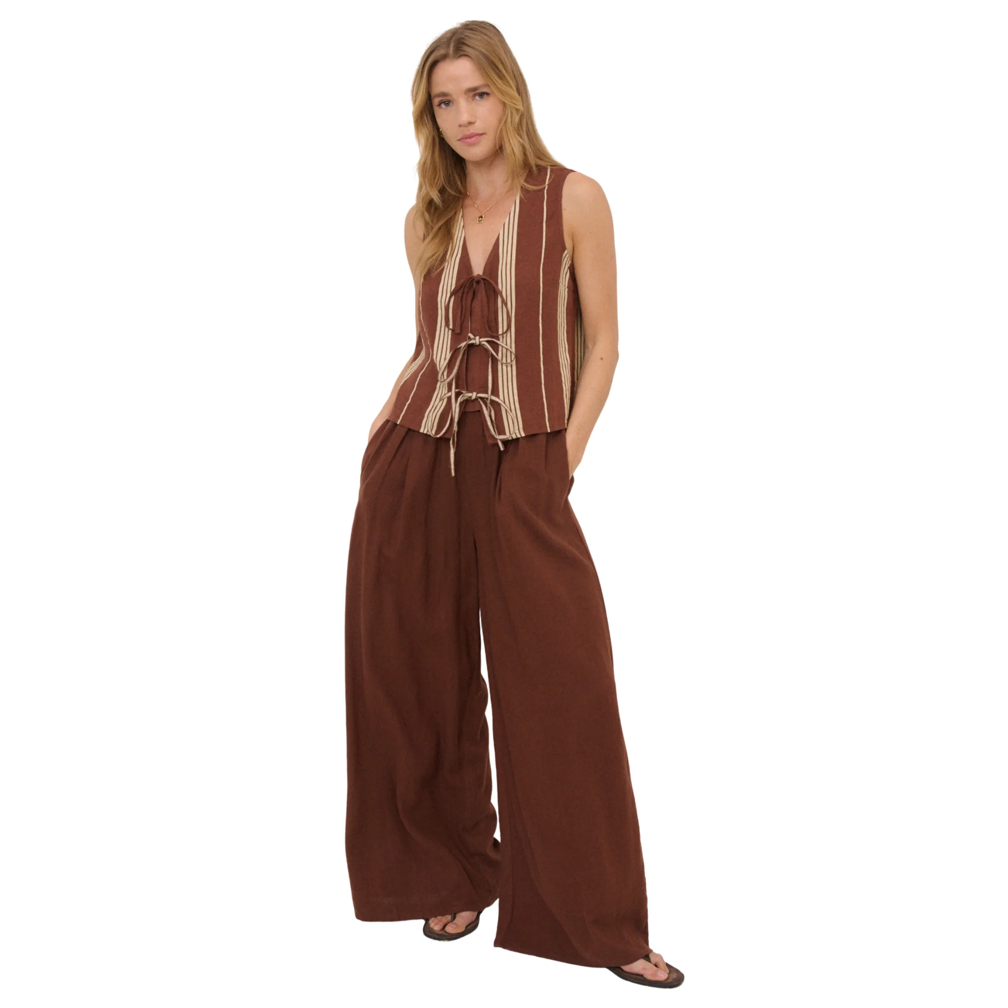 Womens Nobody's Child Brown Stripe Tessa Tie Front Top - Image 4