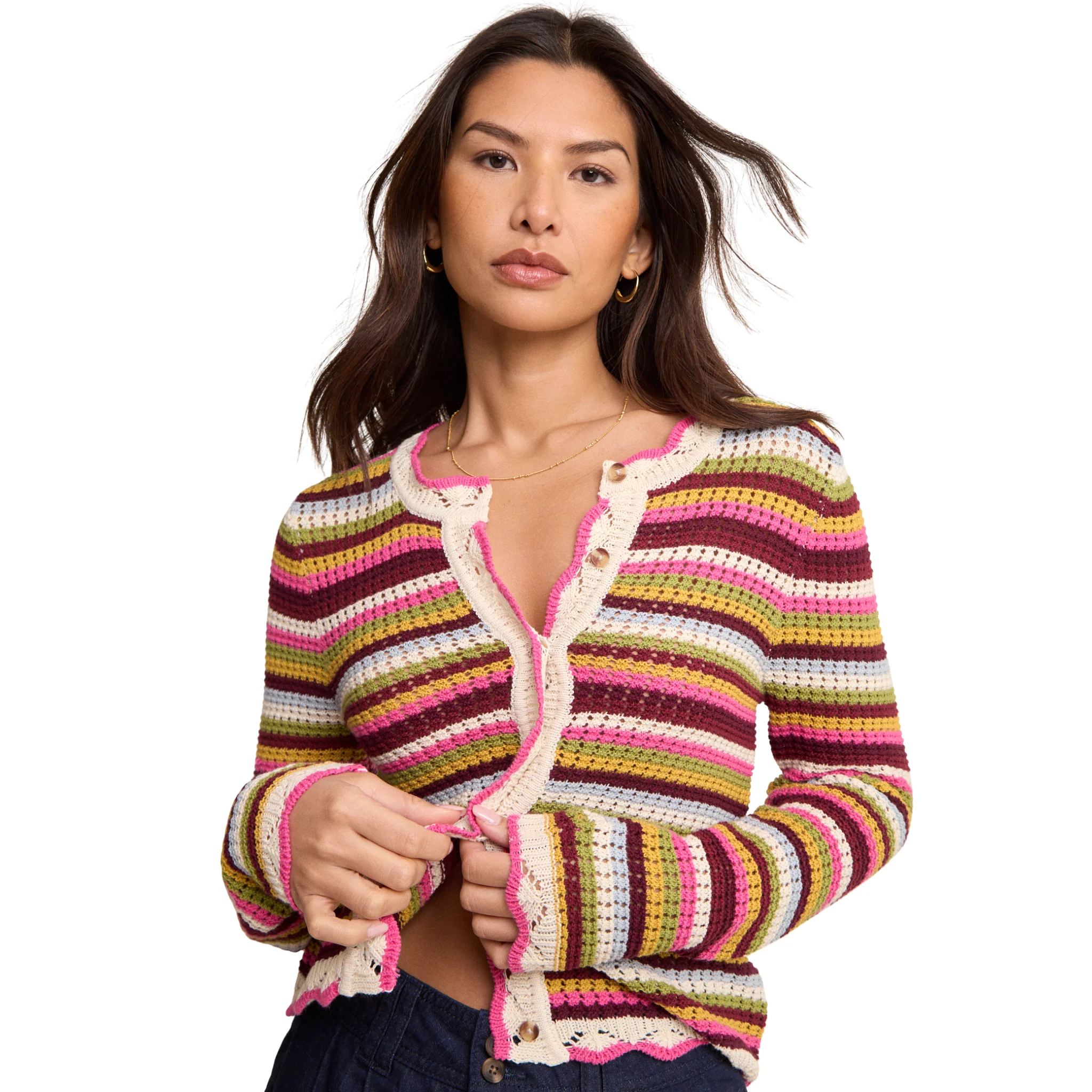 Womens Nobody's Child Multi Stripe Crochet Cardigan - Image 2