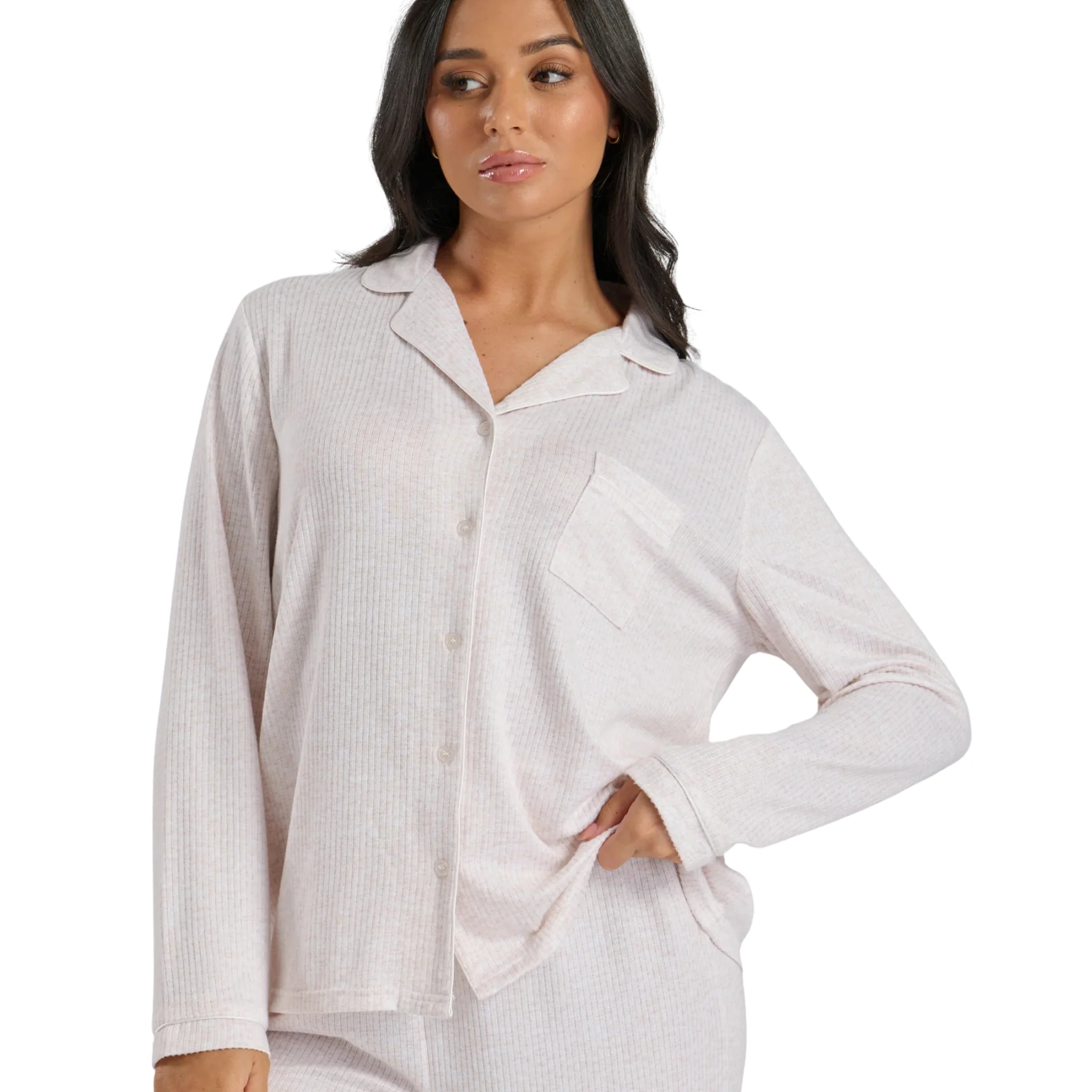 Womens Oatmeal Marl Brushed Rib L/s Buttoned Pyjamas - Image 2