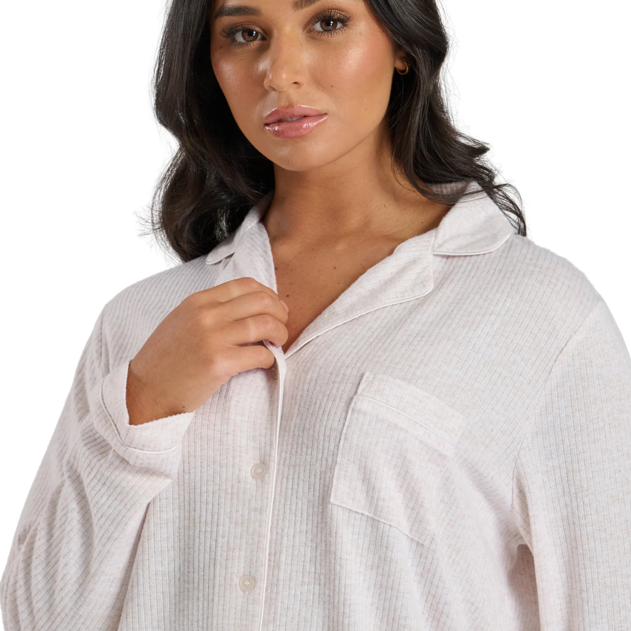 Womens Oatmeal Marl Brushed Rib L/s Buttoned Pyjamas - Image 3