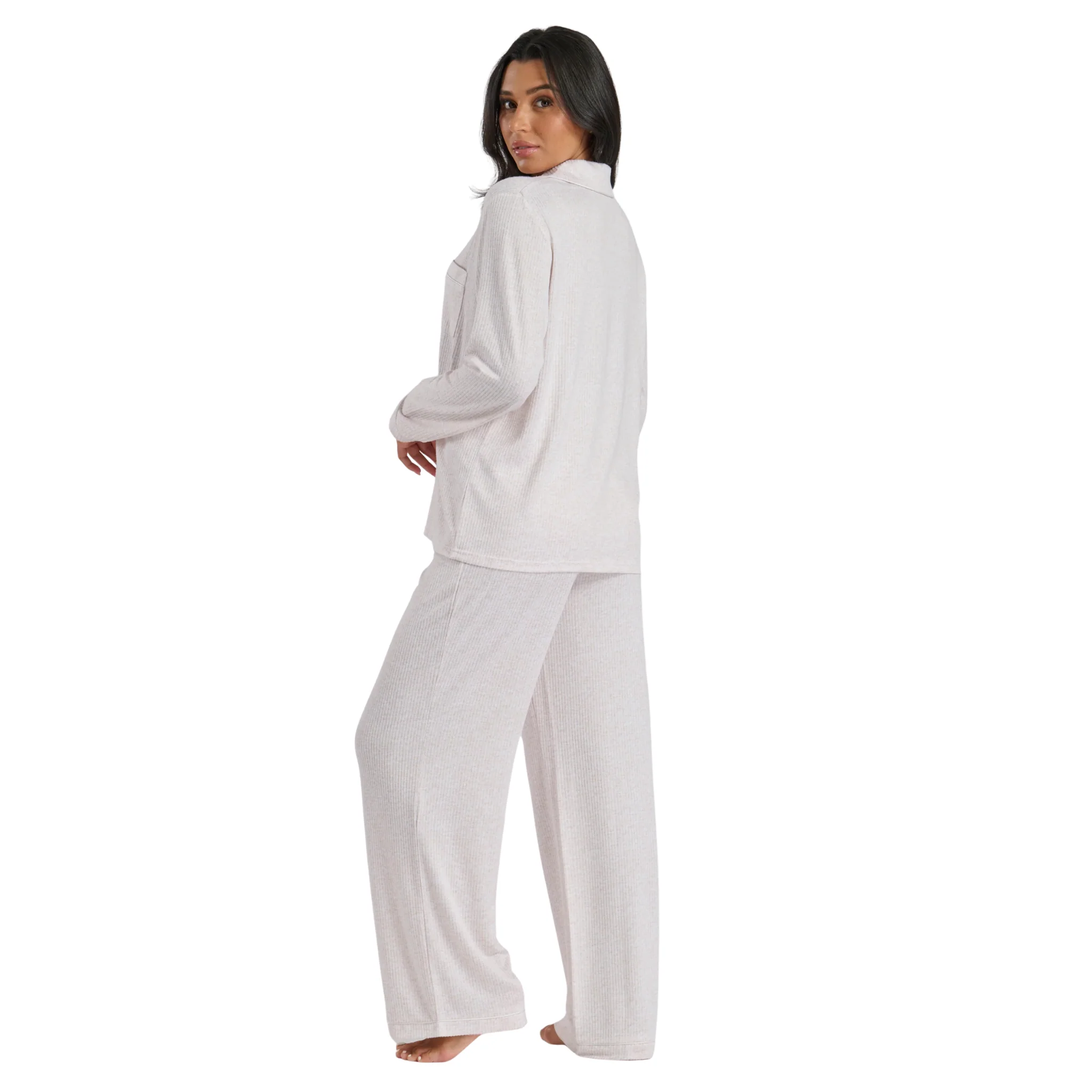 Womens Oatmeal Marl Brushed Rib L/s Buttoned Pyjamas - Image 5