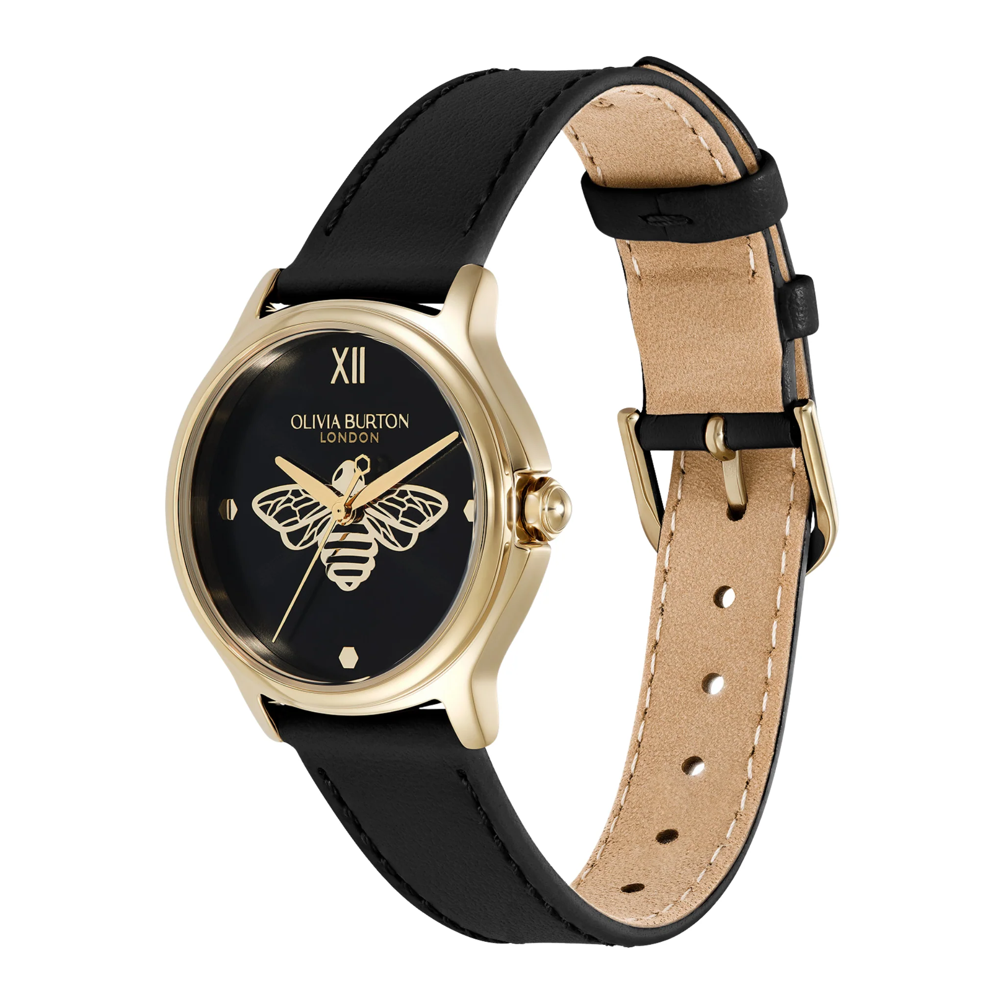 Womens Olivia Burton Gold/Black Classic Bee Leather Strap Watch - Image 2