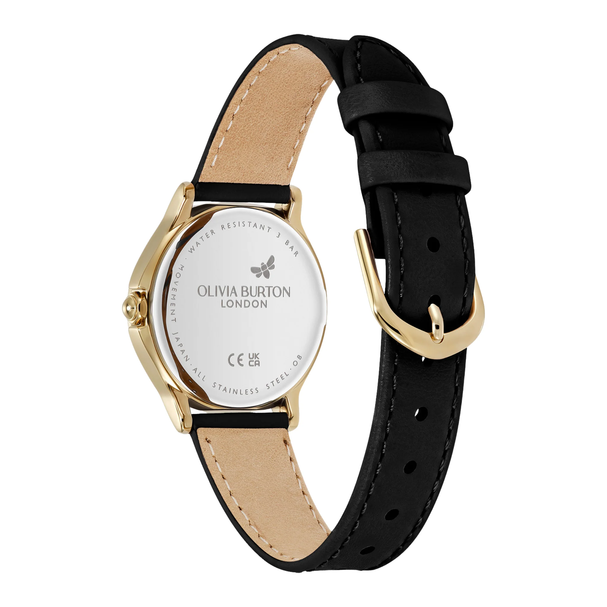 Womens Olivia Burton Gold/Black Classic Bee Leather Strap Watch - Image 4