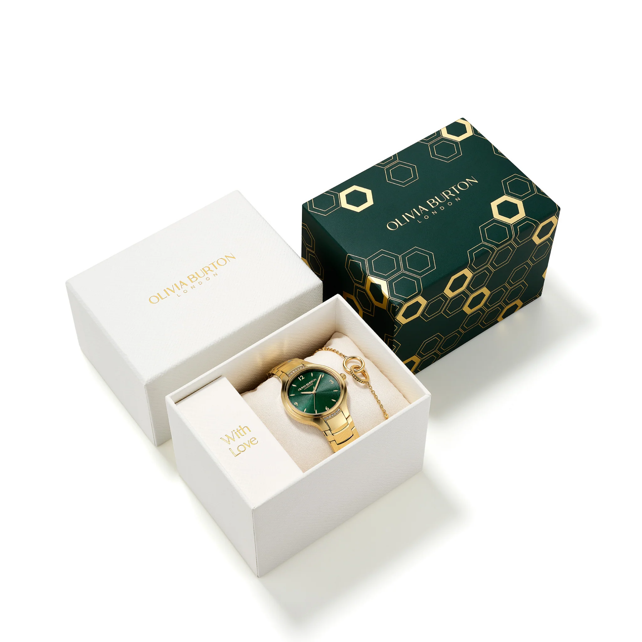 Womens Olivia Burton Gold/Forest Green Watch & Interlock Bracelet Gift Set - Image 6