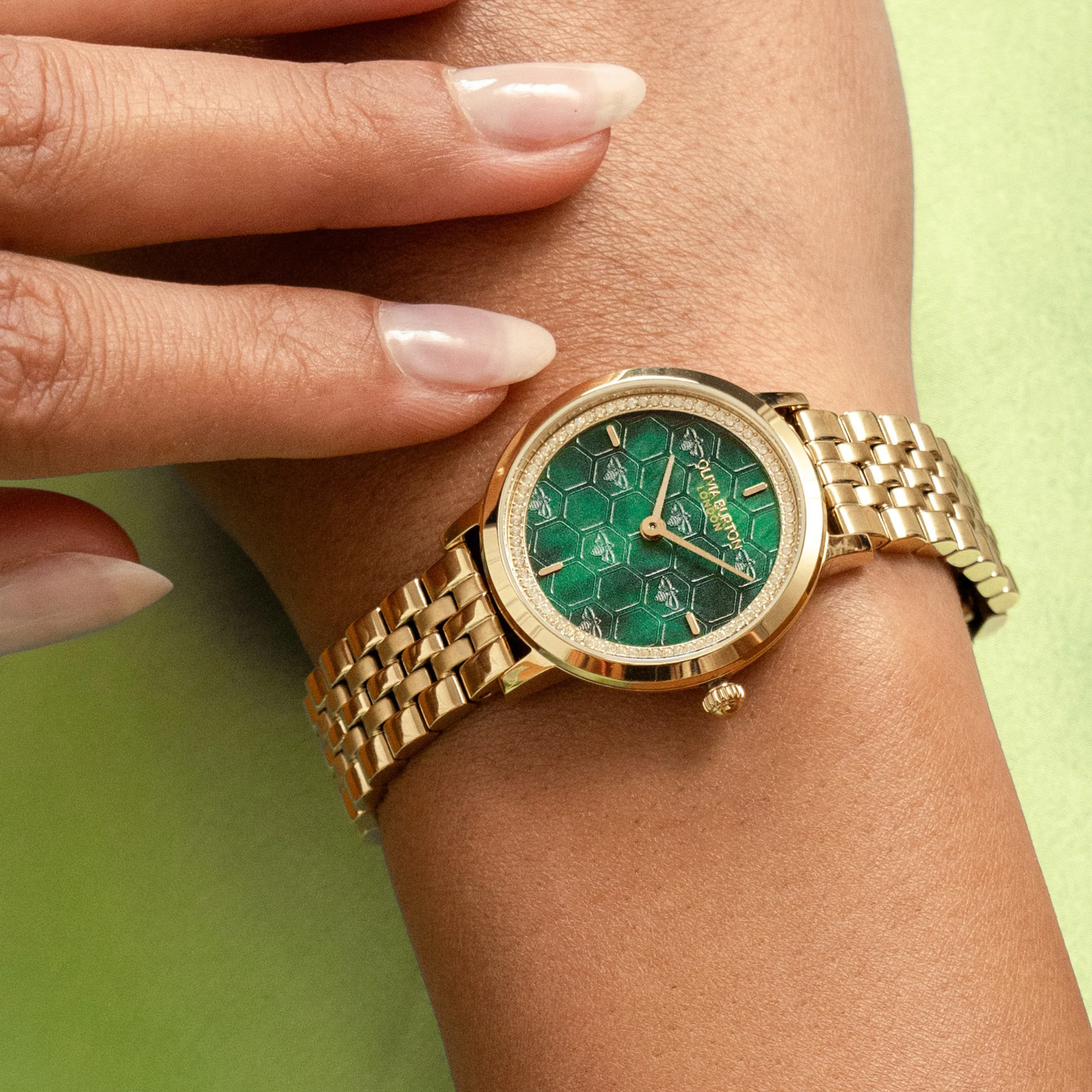 Womens Olivia Burton Gold/Green Ultra Slim Honeycomb Watch - Image 2