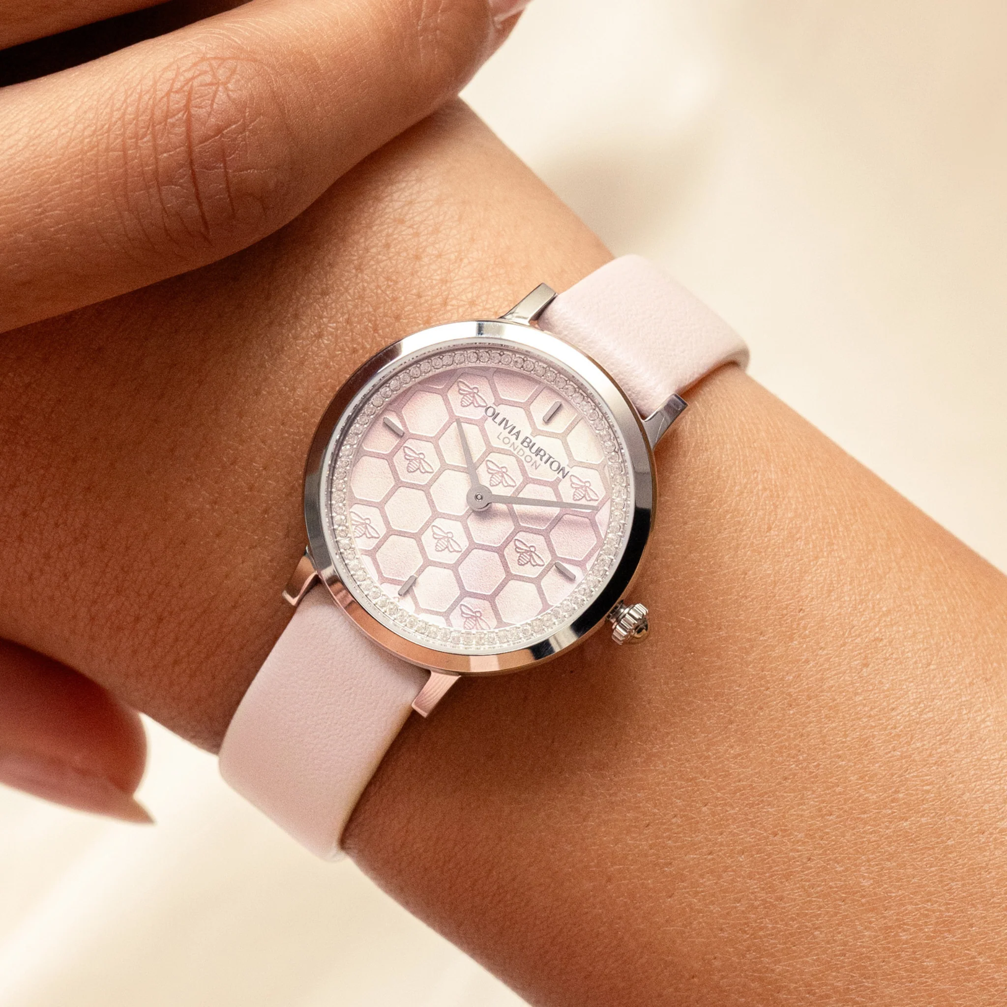 Womens Olivia Burton Pink Honeycomb Ultra Slim Leather Watch - Image 4
