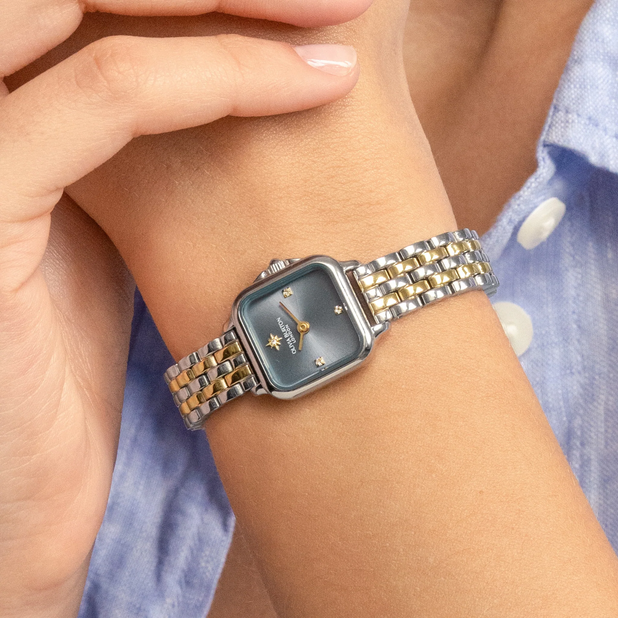 Womens Olivia Burton Silver/Blue Grosvenor Mini Watch - Image 2