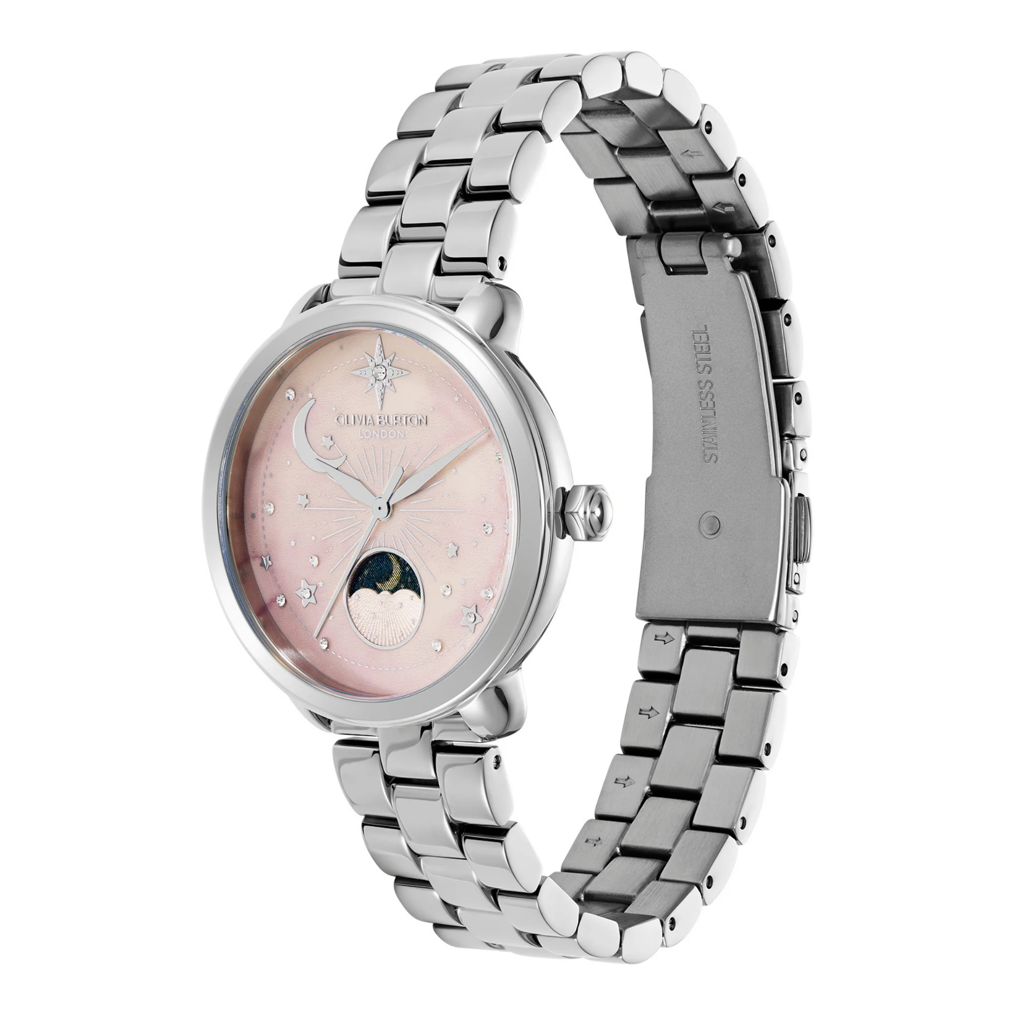 Womens Olivia Burton Silver/Light Pink Moonphase Bracelet Watch - Image 2