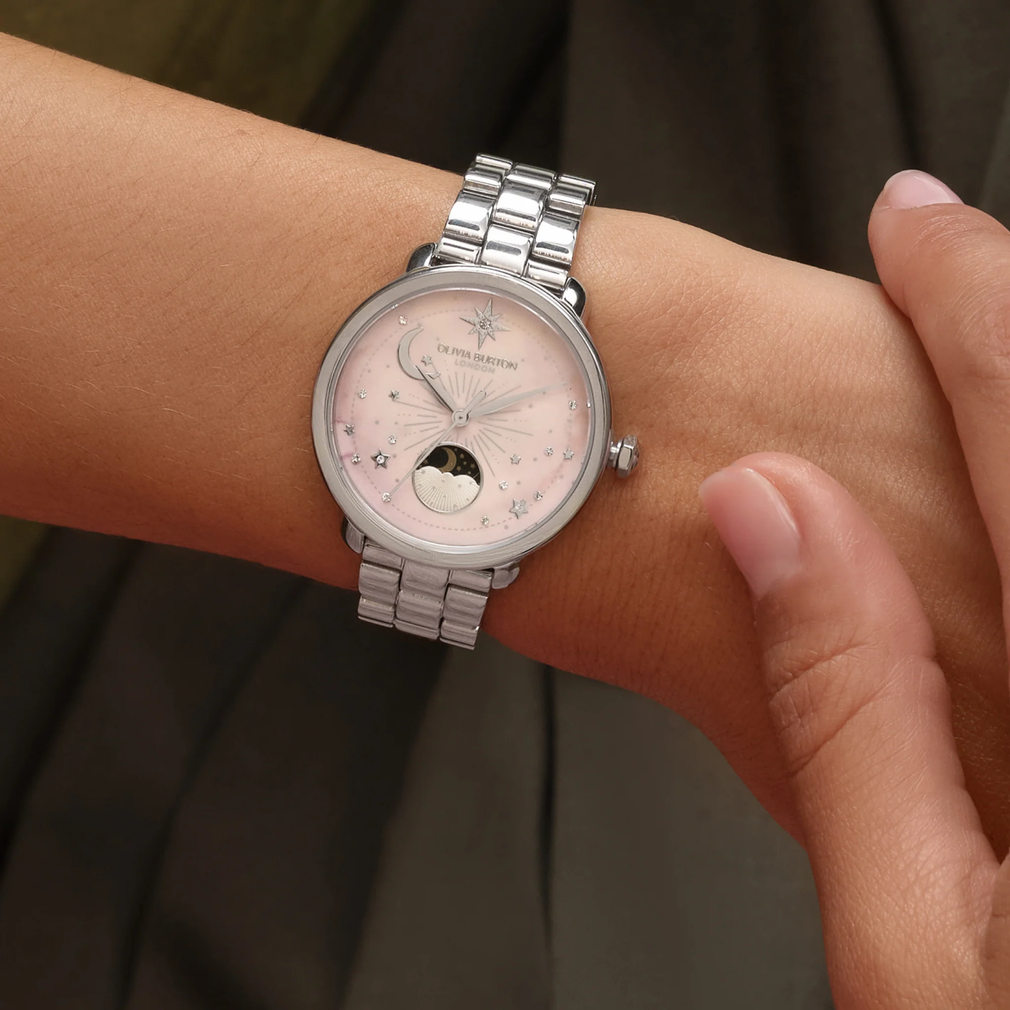 Womens Olivia Burton Silver/Light Pink Moonphase Bracelet Watch - Image 5