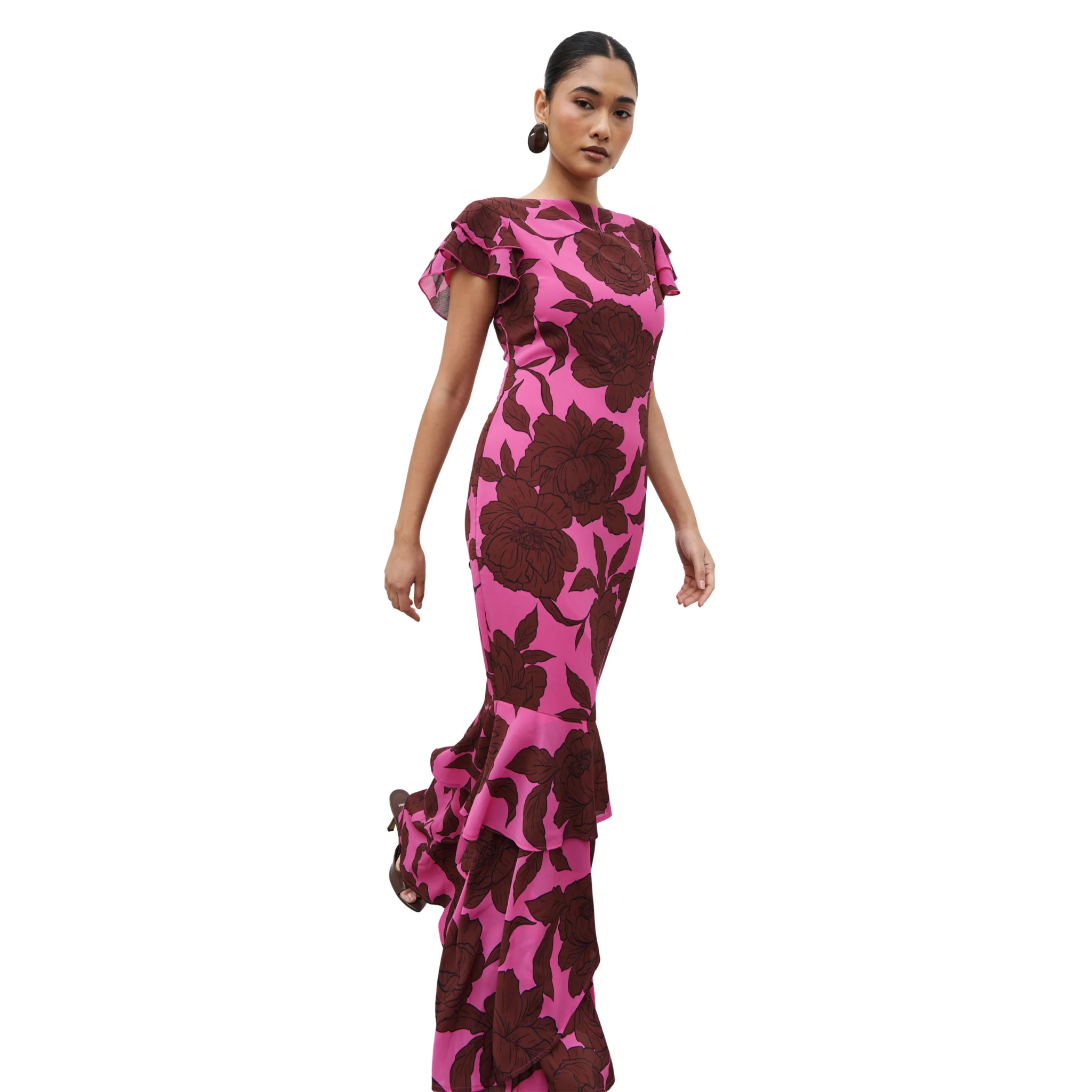 Womens Pretty Lavish Brown/Fuchsia Floral Ester Ruffle Maxi Dress - Image 3