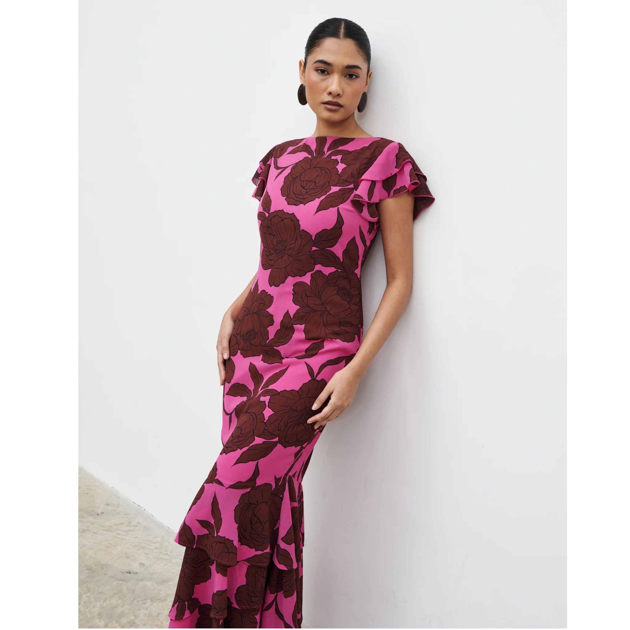 Womens Pretty Lavish Brown/Fuchsia Floral Ester Ruffle Maxi Dress - Image 4