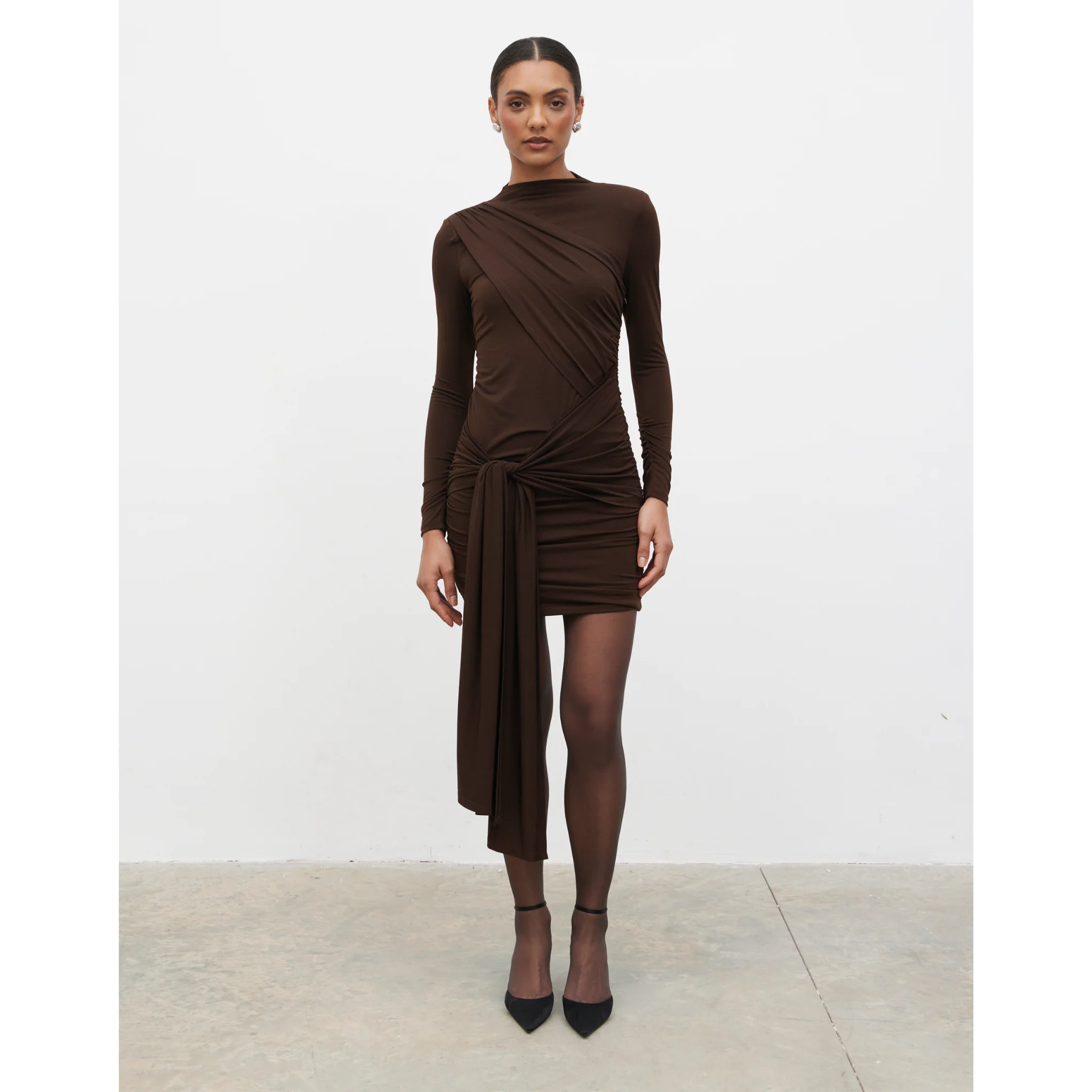 Womens Pretty Lavish Brown Raya Drape Jersey Mini Dress - Image 3