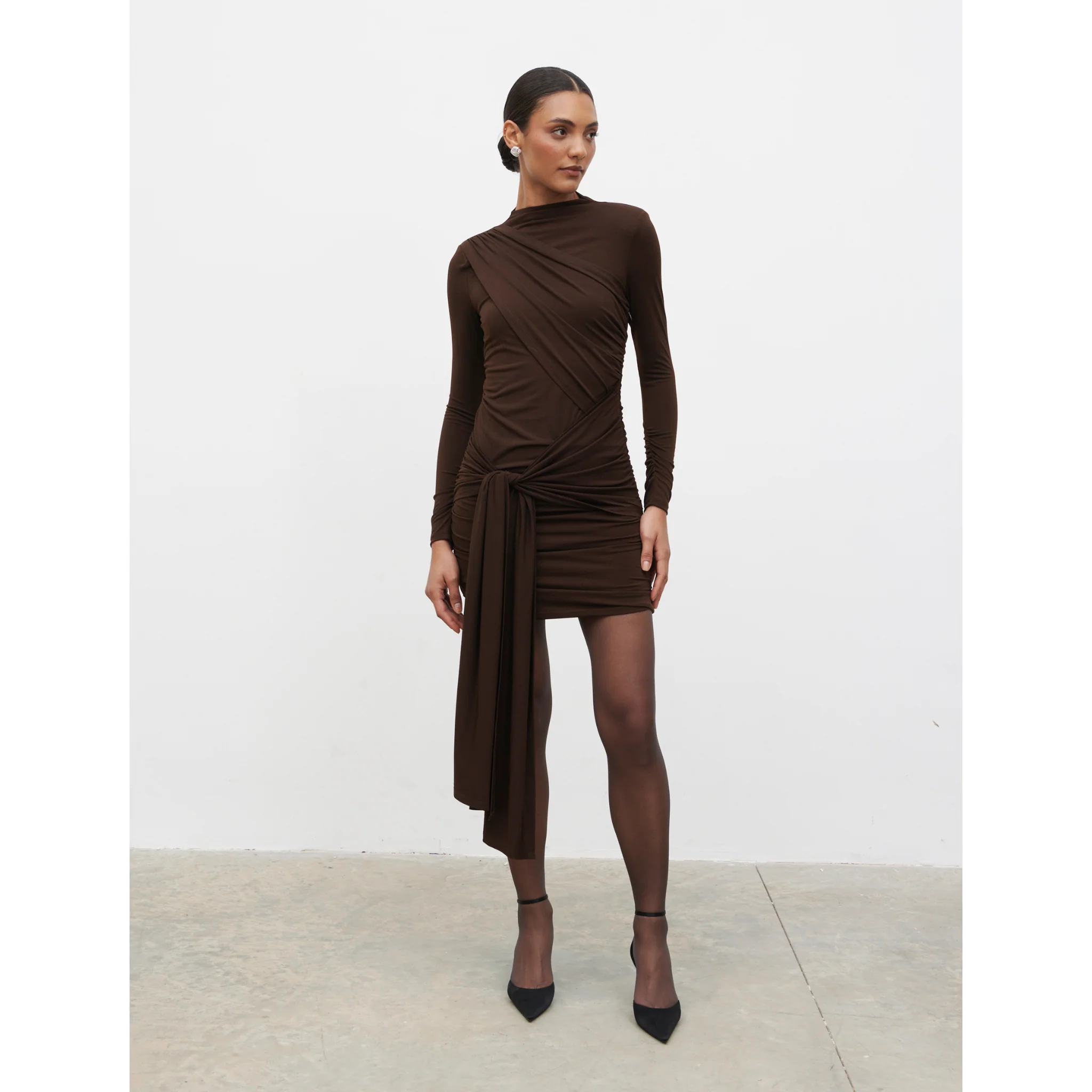 Womens Pretty Lavish Brown Raya Drape Jersey Mini Dress - Image 4
