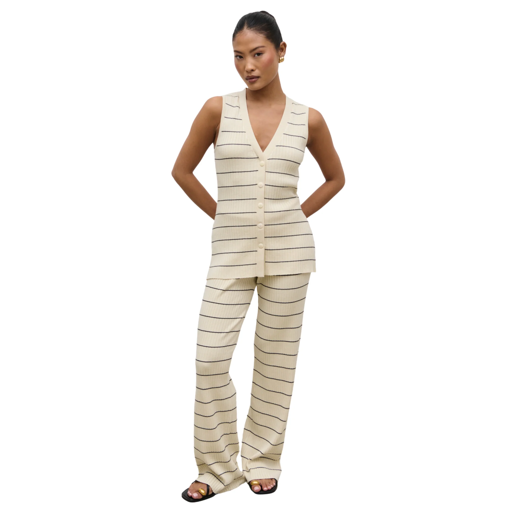 Womens Pretty Lavish Cream/Black Hattie Stripe Knit Waistcoat - Image 2