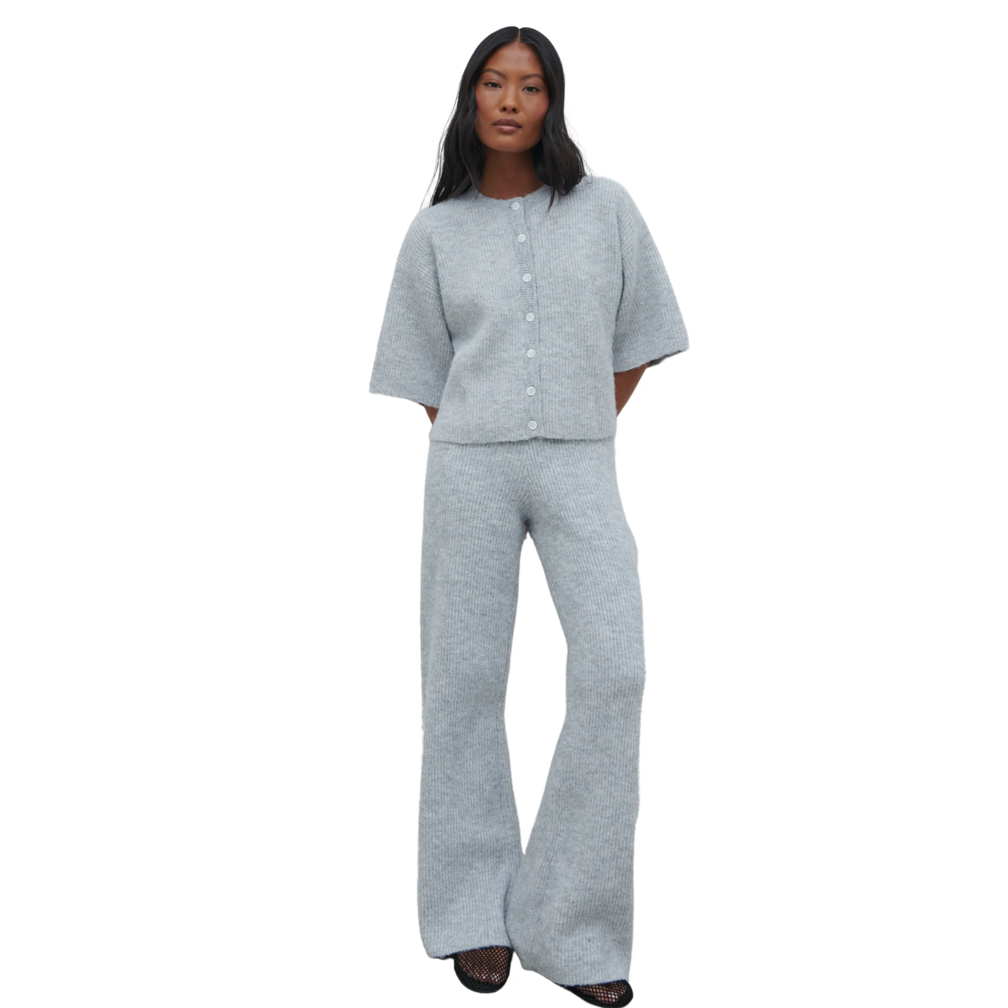 Womens Pretty Lavish Grey Marl Ovalie Rib Knit Trousers - Image 3