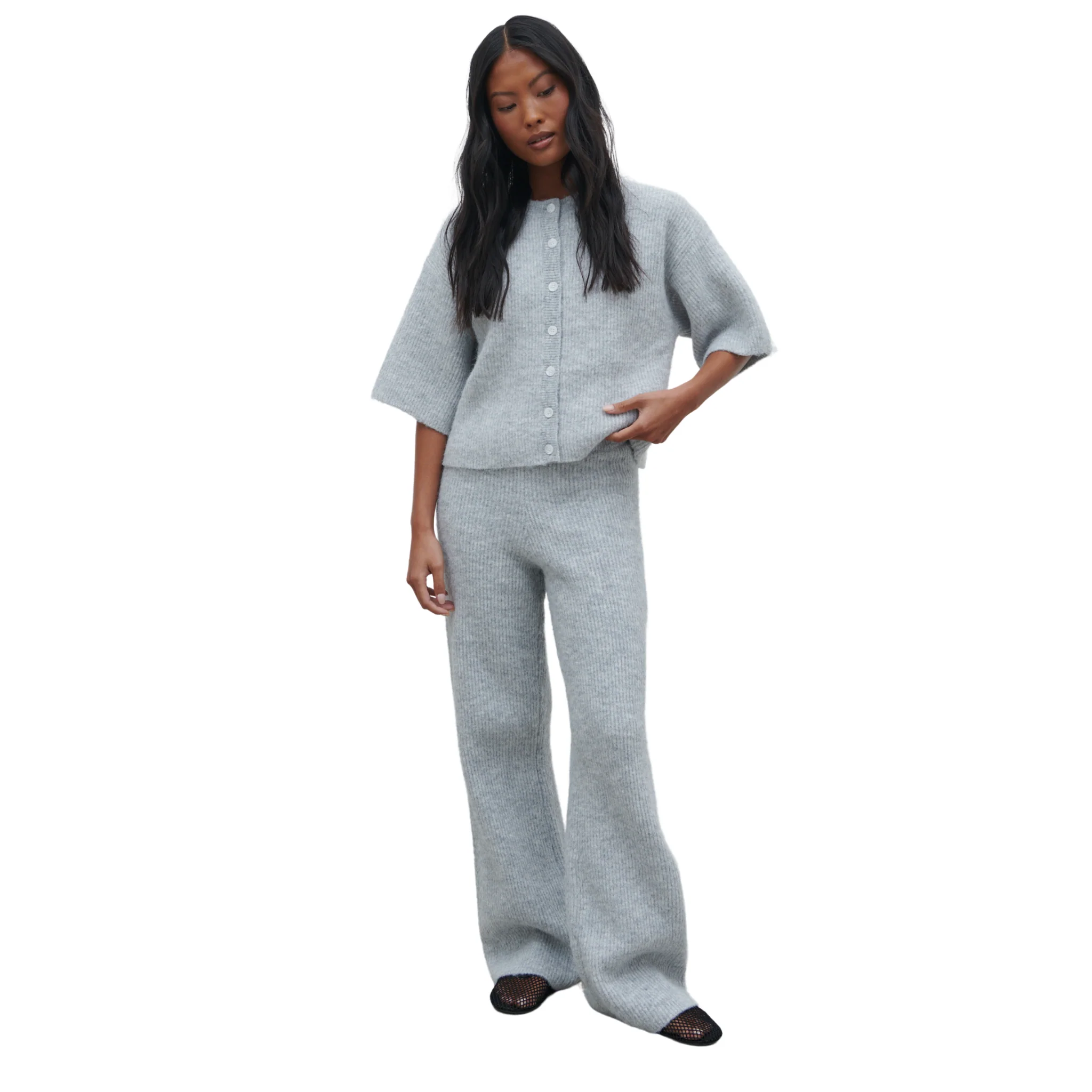Womens Pretty Lavish Grey Marl Ovalie Rib Knit Trousers - Image 5