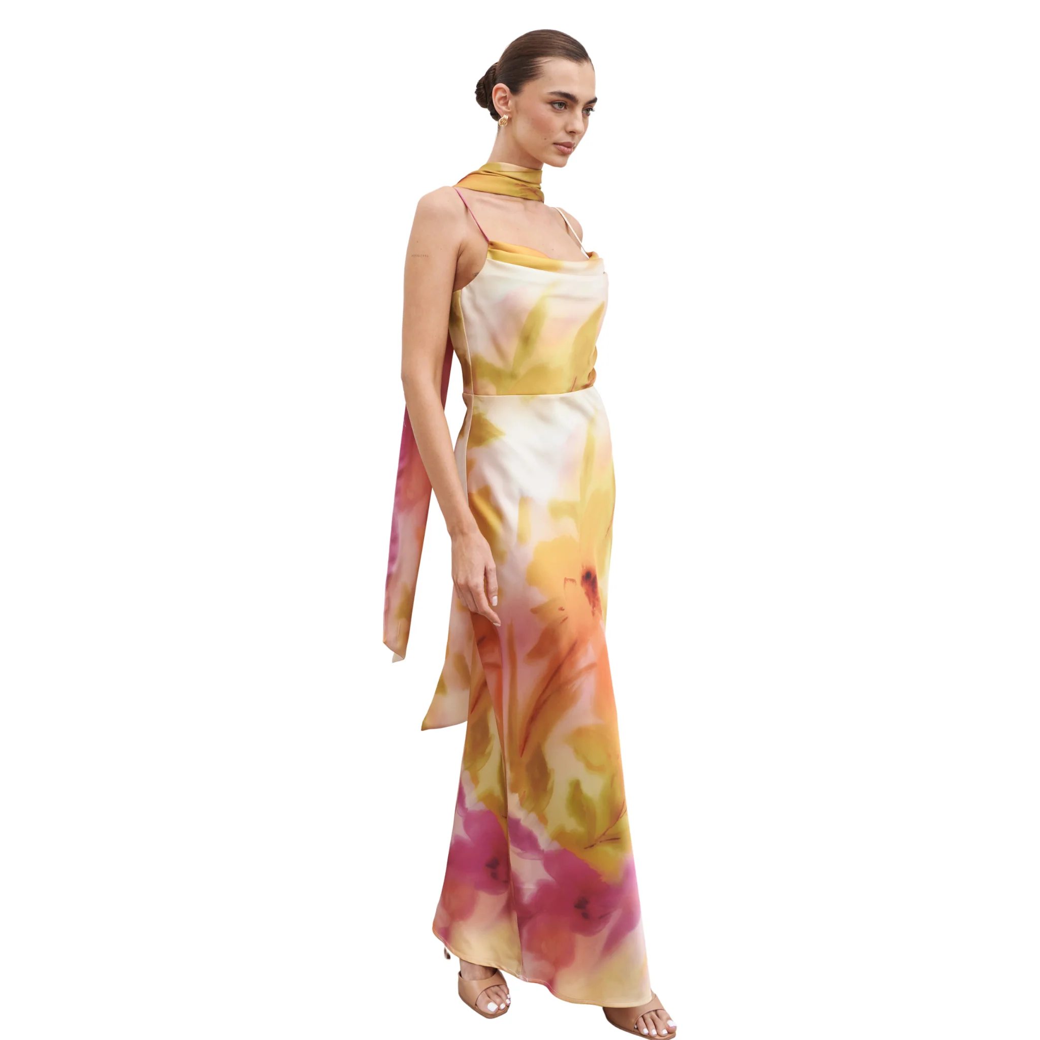 Womens Pretty Lavish Pink/Yellow Floral Keisha Scarf Maxi Dress - Image 3