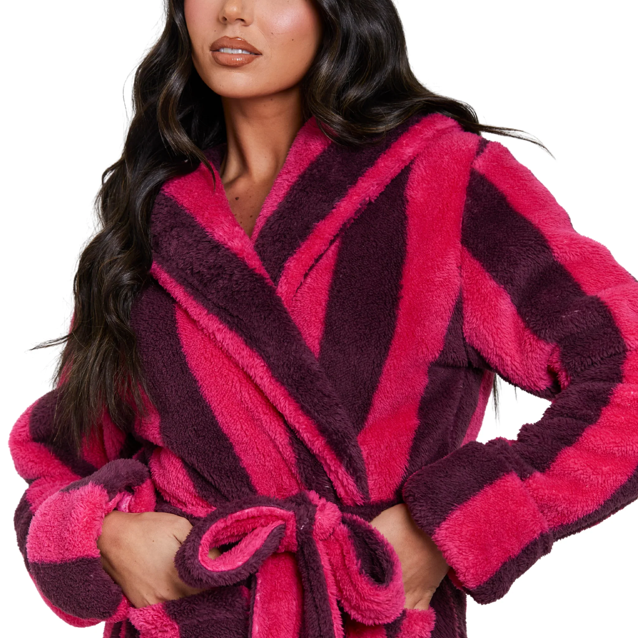 Womens Purple Chunky Sherpa Stripe Midi Hooded Dressing Gown - Image 2