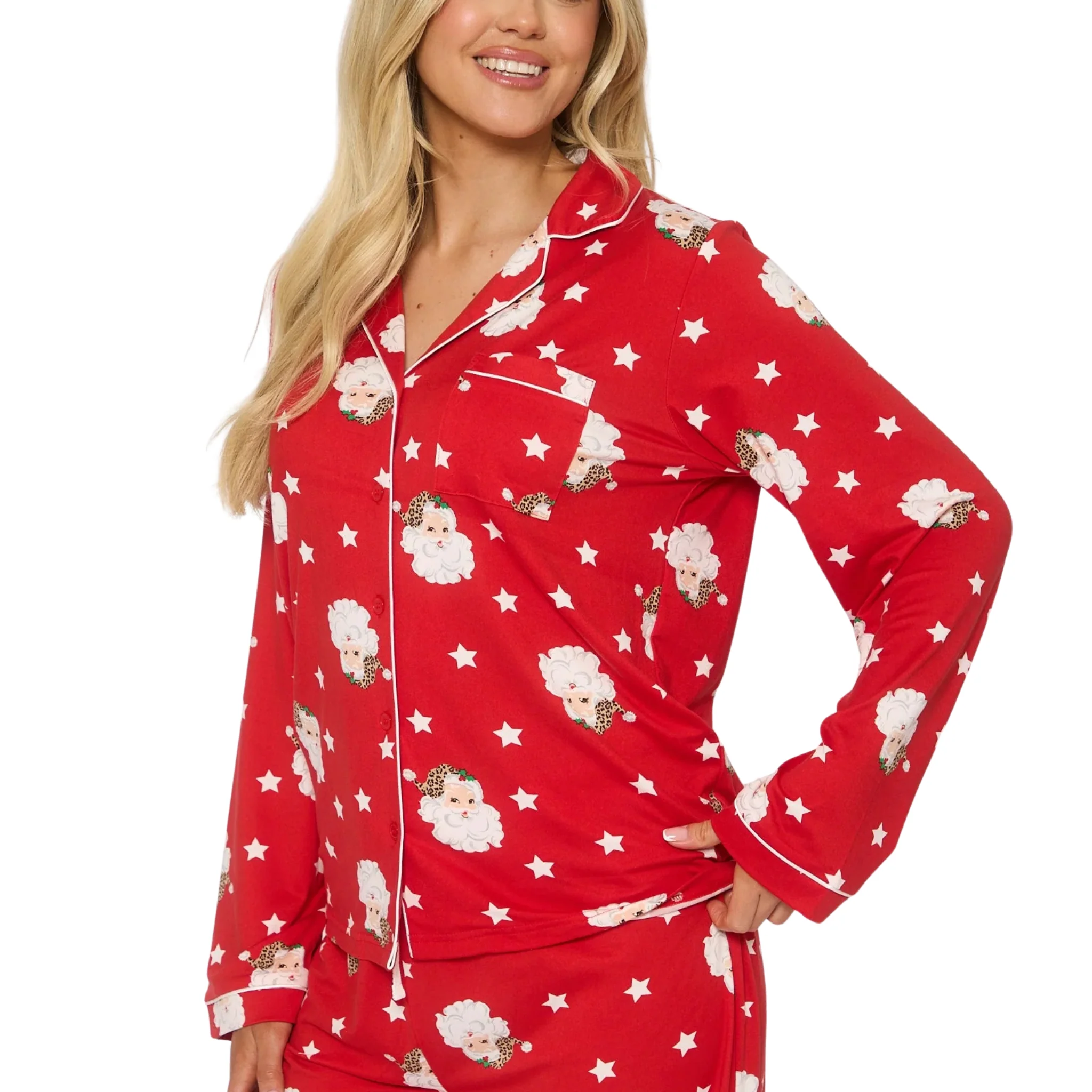 Womens Red Santa Button Shirt & Long Pant Pyjamas Set - Image 2
