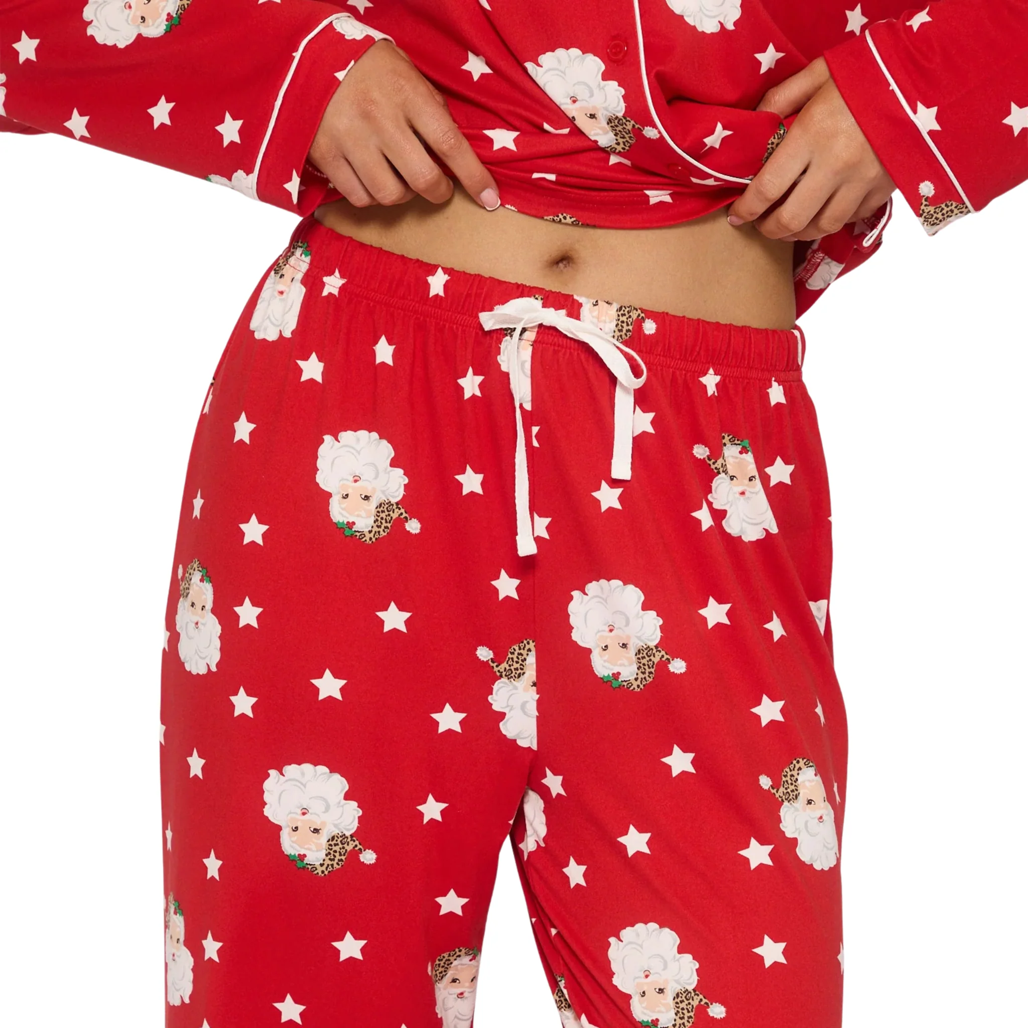 Womens Red Santa Button Shirt & Long Pant Pyjamas Set - Image 3