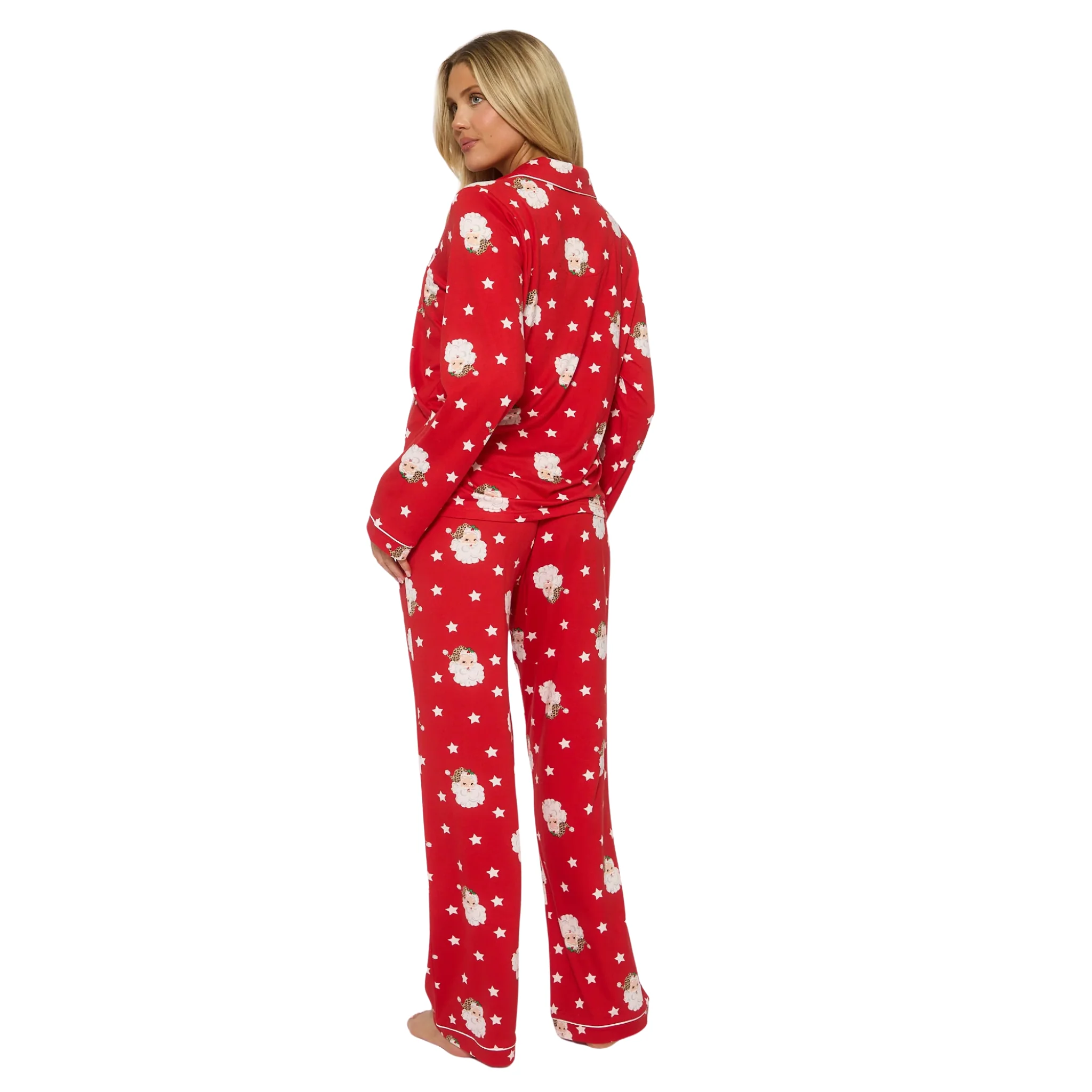 Womens Red Santa Button Shirt & Long Pant Pyjamas Set - Image 4