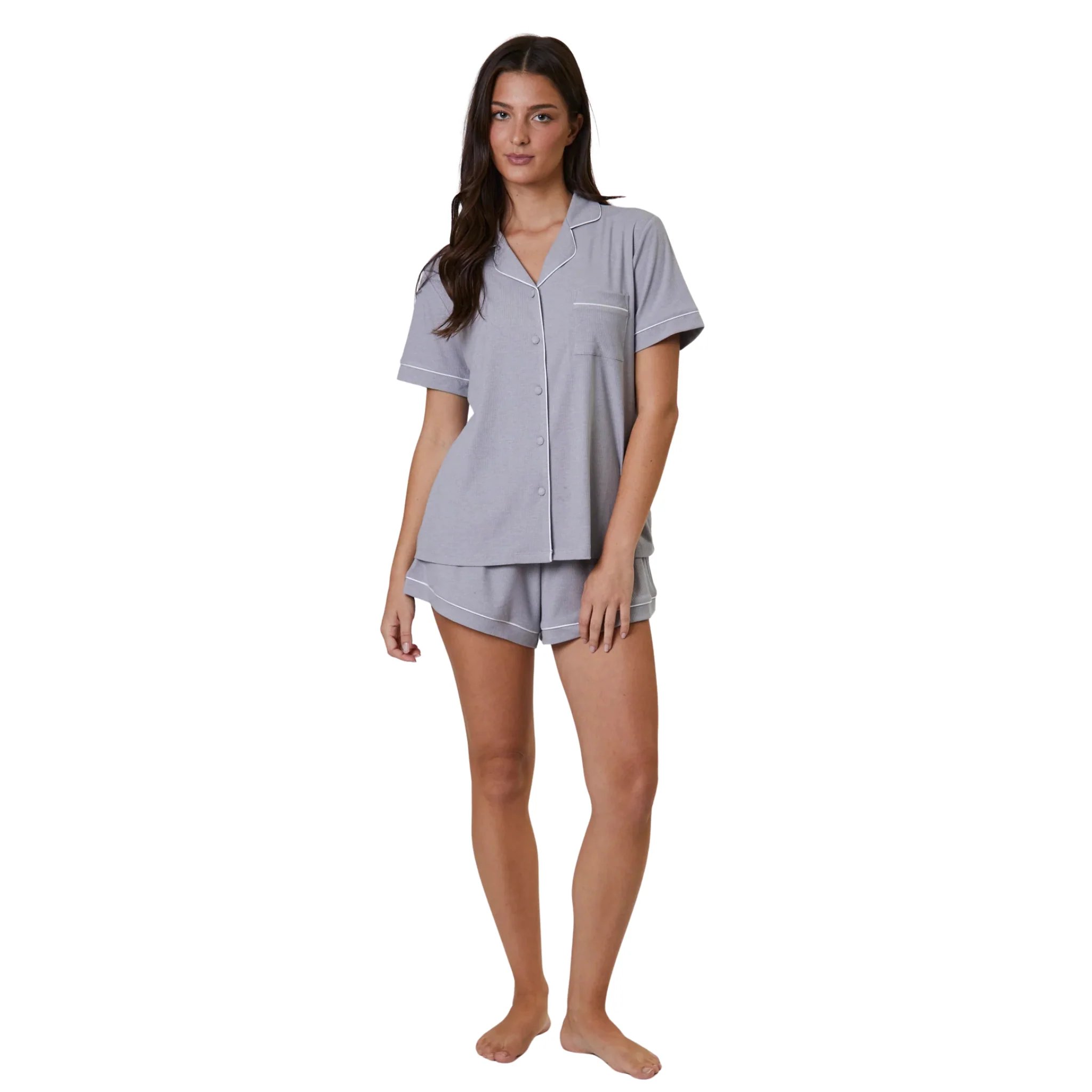 Womens Silver Rib S/s Pyjama Shorts Set - Image 2