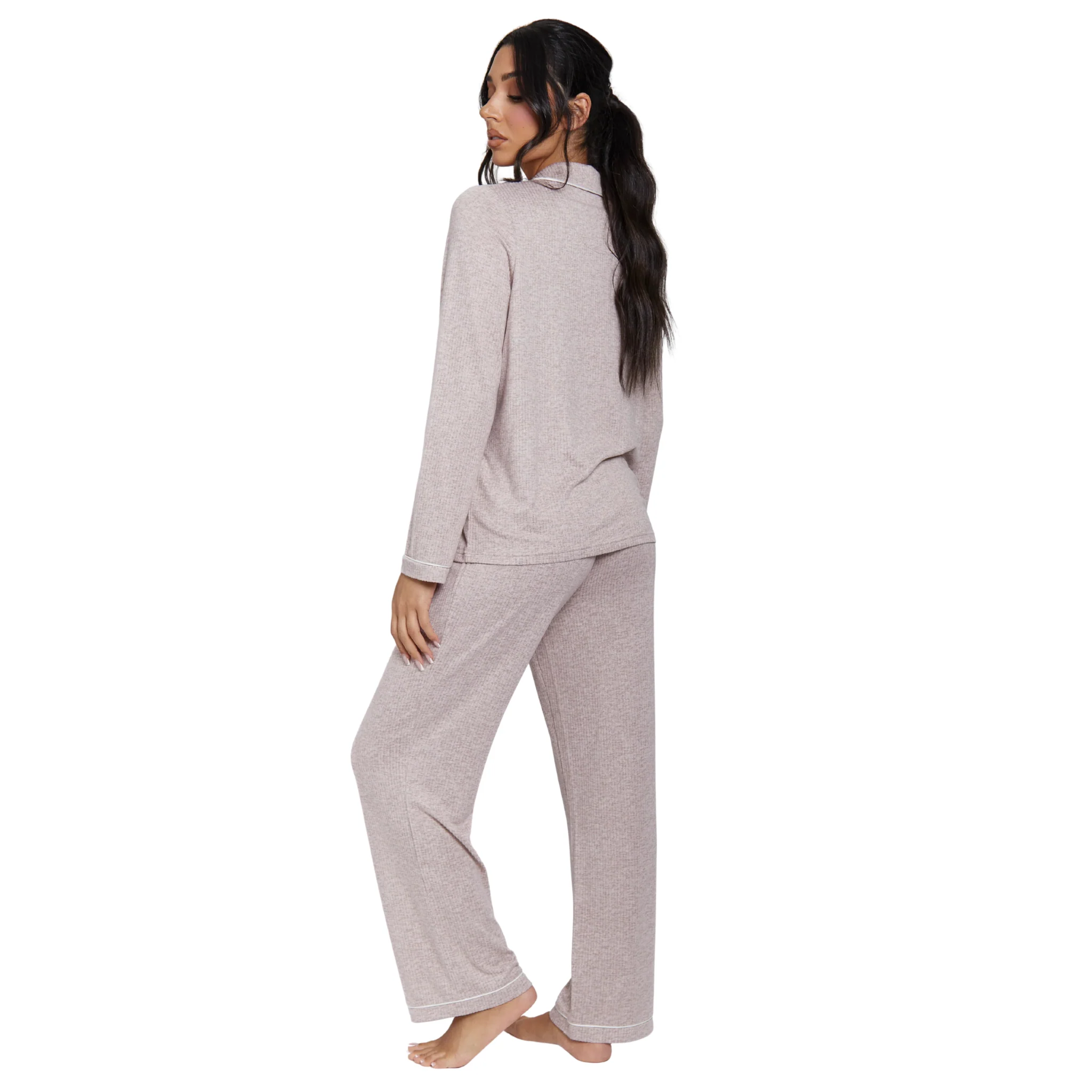 Womens Taupe Marl Brushed Rib Long Sleeve Buttoned Pyjamas - Image 3