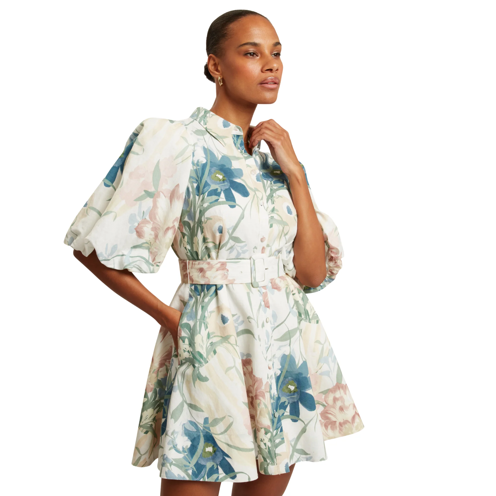 Womens Ted Baker Ivory Olliiv Puff Sleeve Printed Mini Shirt Dress - Image 2