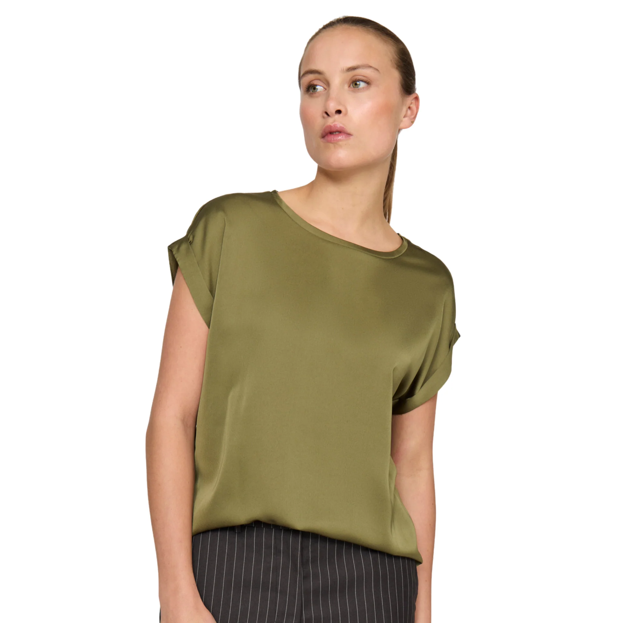 Womens Vila Capulet Olive Viellette Satin S/s Top - Image 3