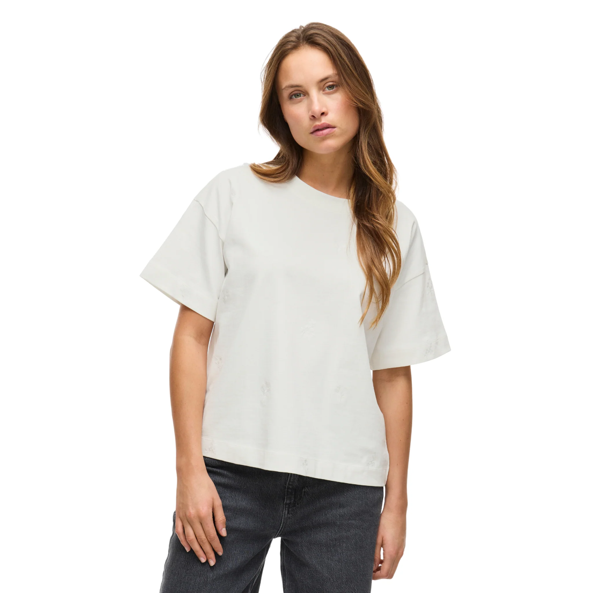 Womens Vila Snow White Vimonie Flower Embroidered S/s T Shirt - Image 4